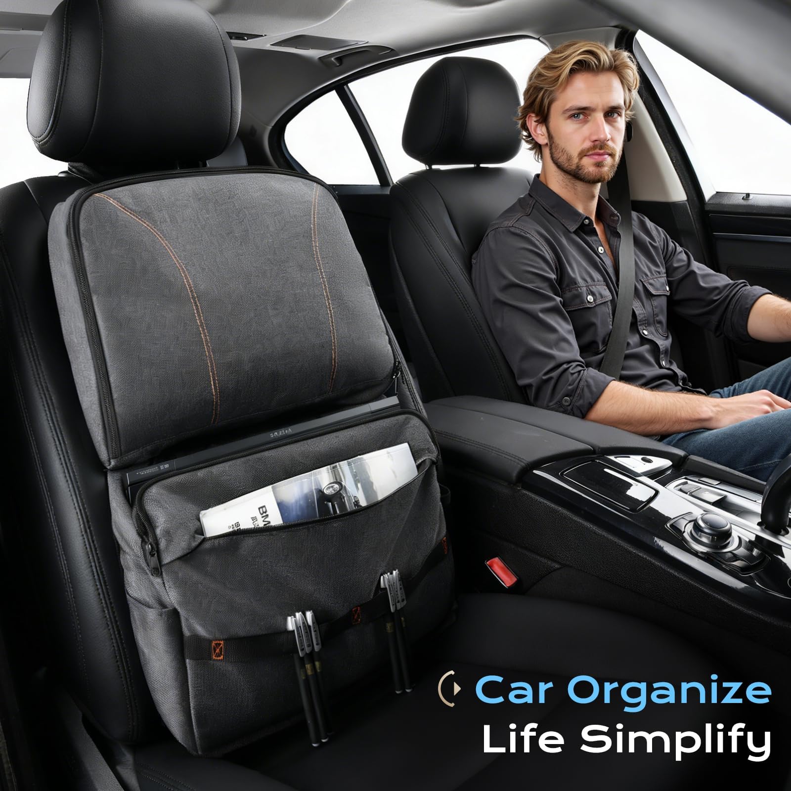 Coverado Organizador de asiento trasero de coche, resistente, duradero, de doble dirección, impermeable, con bolsillos reforzados, diseño de cierre de cremallera, protege los objetos de valor de
