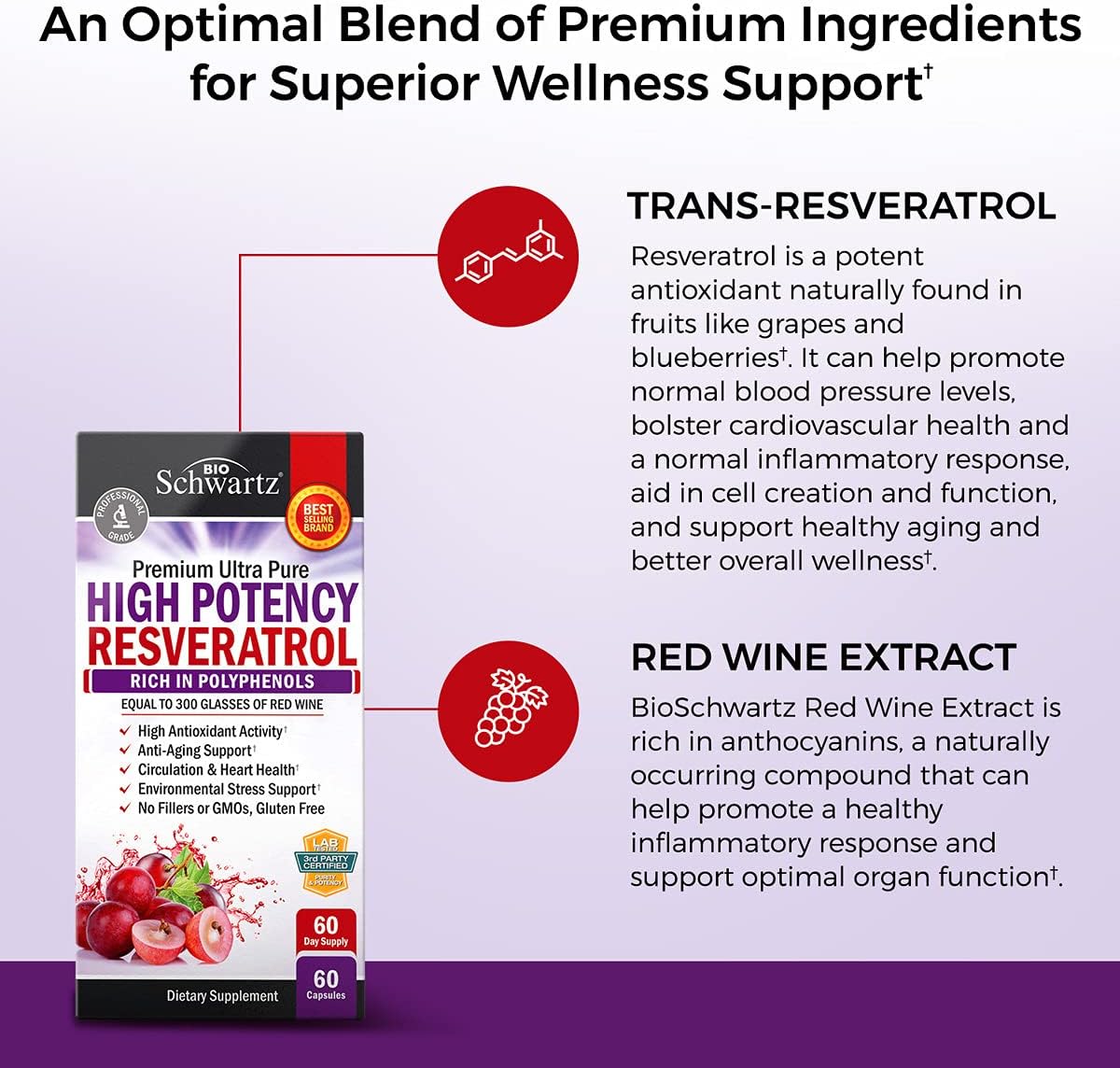 BioSchwartz Resveratrol Supplement for Anti-Aging Support - Polyphenol Rich Trans-Resveratrol Formula - Gluten-Free, Non-GMO, Made in The USA, 60 Capsules (60 Day Supply)