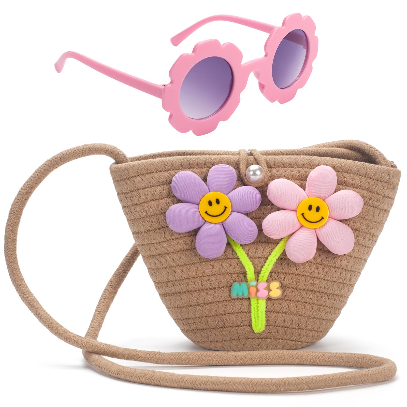 LJCTULY Kids Purse for Girls Age 5-14, Toddler Flower Purses Gift with Glasses