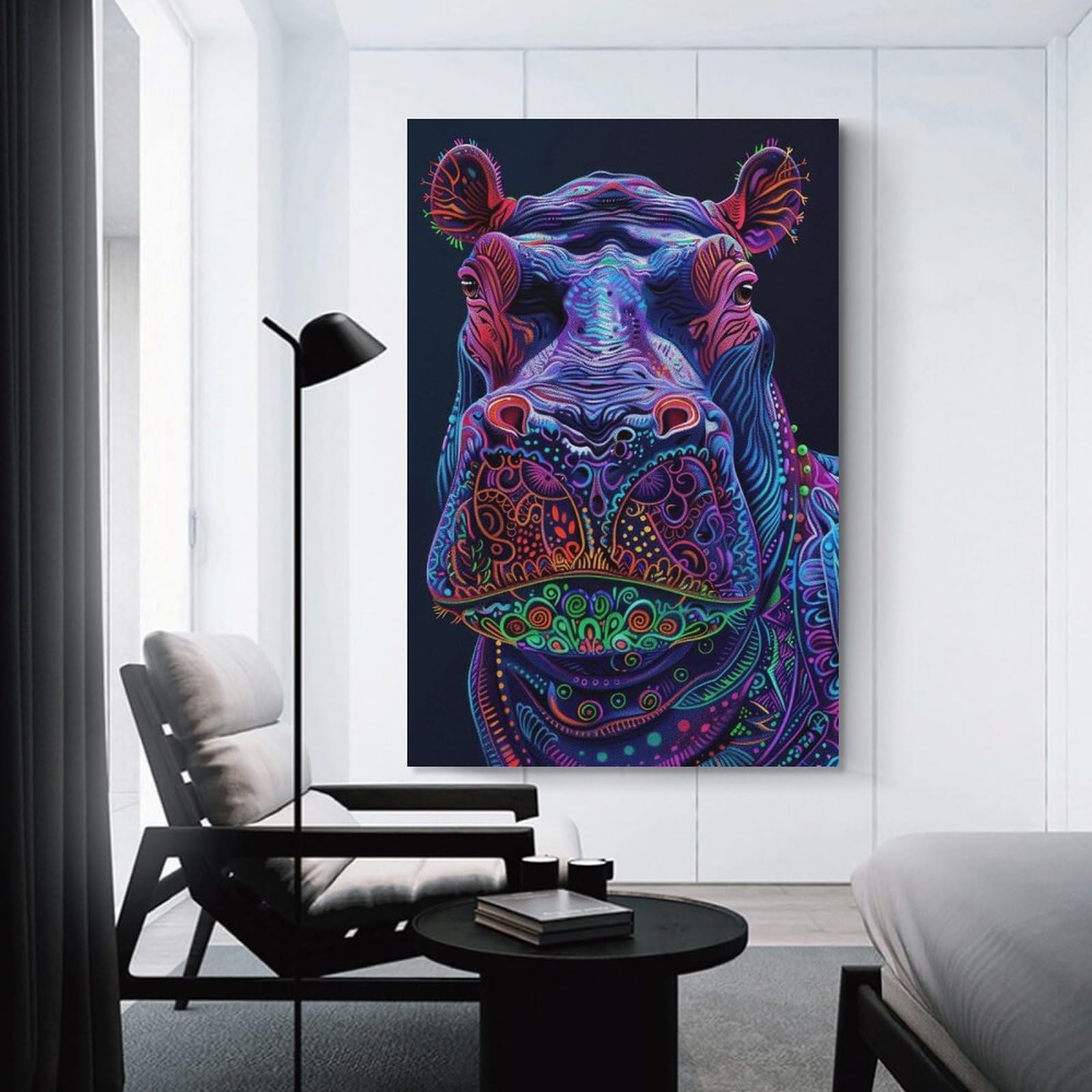 Junmoney Unframe-Style-6 Neon Hippopotamus Portrait Wall Picture Print, 16X24inch(40X60cm), For New Homes, Bedrooms Or Workspaces, Thoughtful Wall Decor For Art Lovers