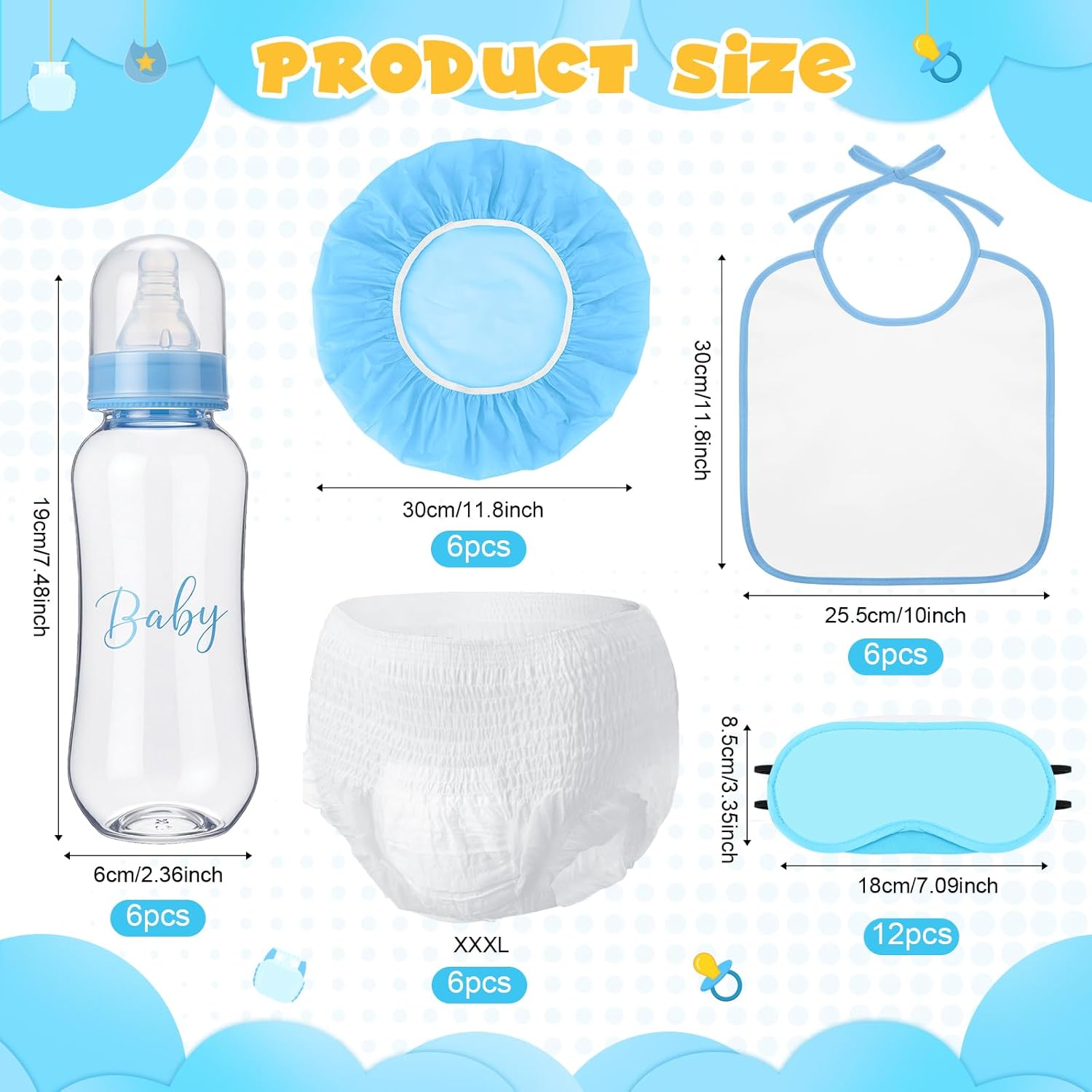 6 Sets Bottle Chug Baby Shower Blind Games Juegos Para Include Plastic Bottles Bibs Hat Eye Mask Disposable Diapers Blindfolded Baby Shower Bottle Games Gender Reveal Decoration (Blue)
