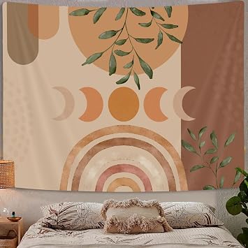 Vintage Sun Tapestry Boho Retro Rainbow Tapestries, Boho Plant Leaves Modern Abstract Aesthetic Modern Bohemian Botanical Home Classroom Art for Living Room Bedroom Dorm, 60x40 Neutral Tan Sage Green