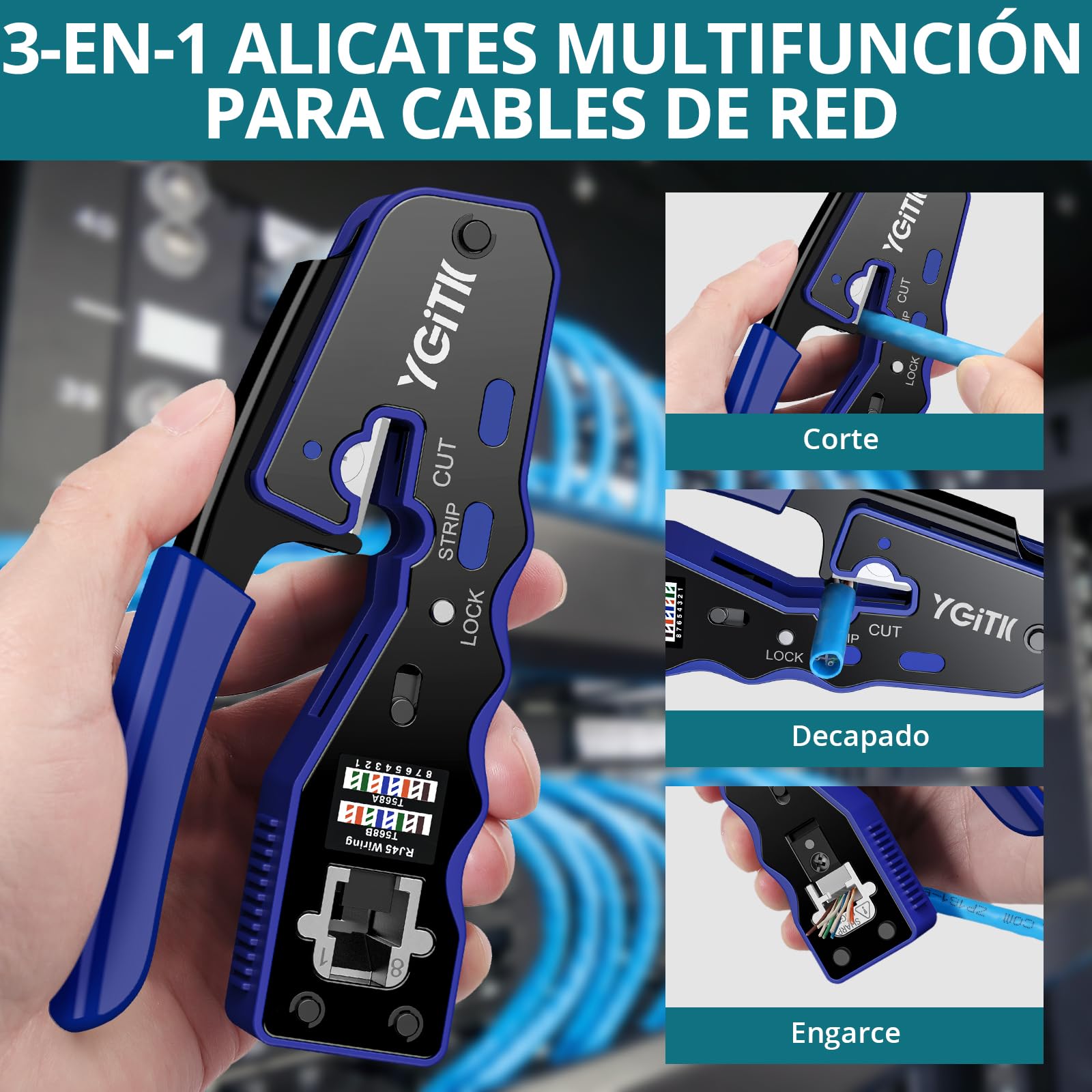 Herramienta de Crimpado RJ45 Kit de Herramienta de Red Alicates de Crimpar para Conectores RJ45 con Cat5/Cat5e/Cat6/Cat6A / Cat 7 8P, con 50x Conectores Pasantes y 50x Tapas Protectoras