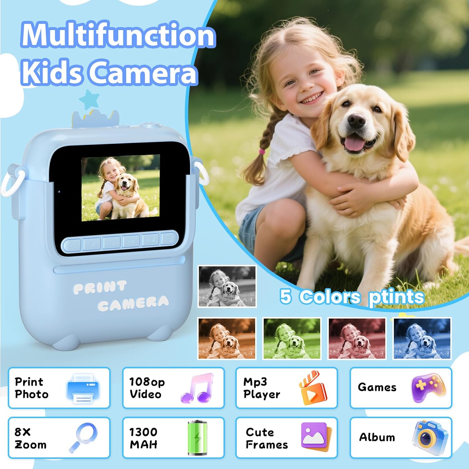 Instant Print Camera for Kids, 1080P Kids Digital Camera that Prints in 5 Colors, Christmas Birthday Gifts for Girls Boys Age 3-12, 2.4" Selfie Camera Toys with Silicone Cover & Print Paper- Blue