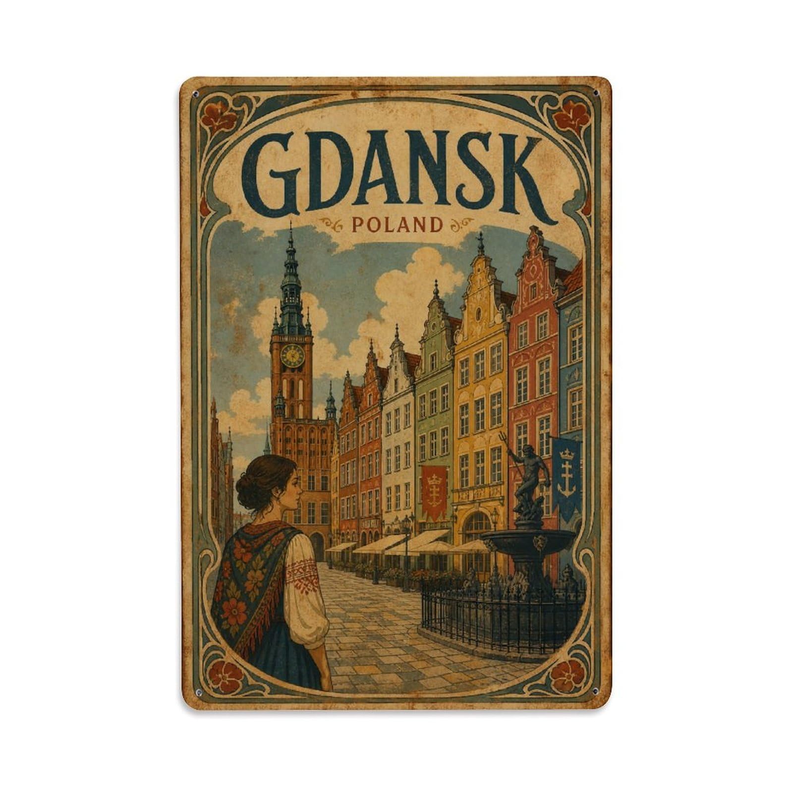 Vintage Travel Poland Gdansk Metal Tin Sign