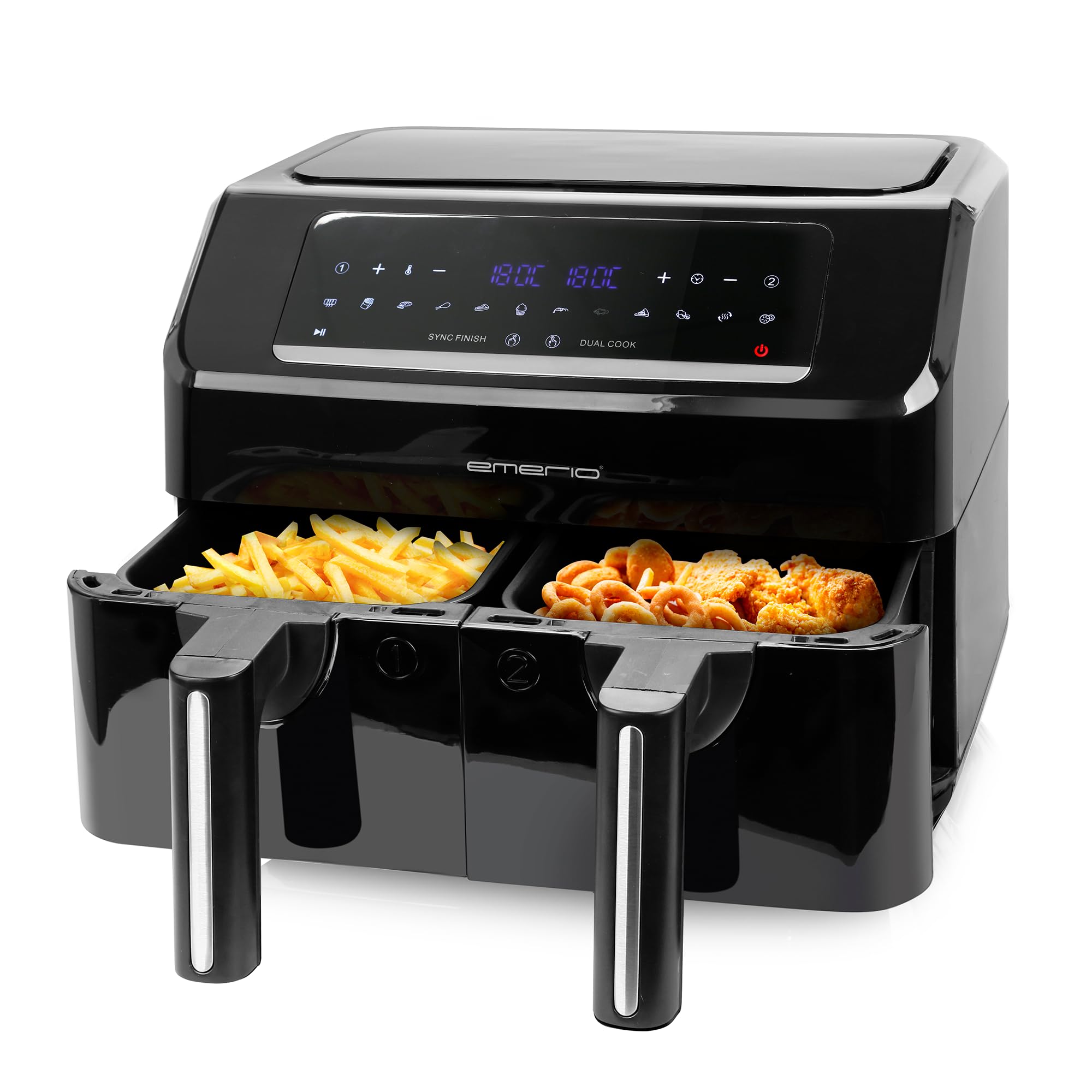 Emerio AF-130376.1 cyfrowa frytkownica na gorące powietrze, bez dodatkowego oleju, 2 x 3,6 l, 12 programów, bez BPA, funkcja SYNC FINISH (oba gotowe jednocześnie)