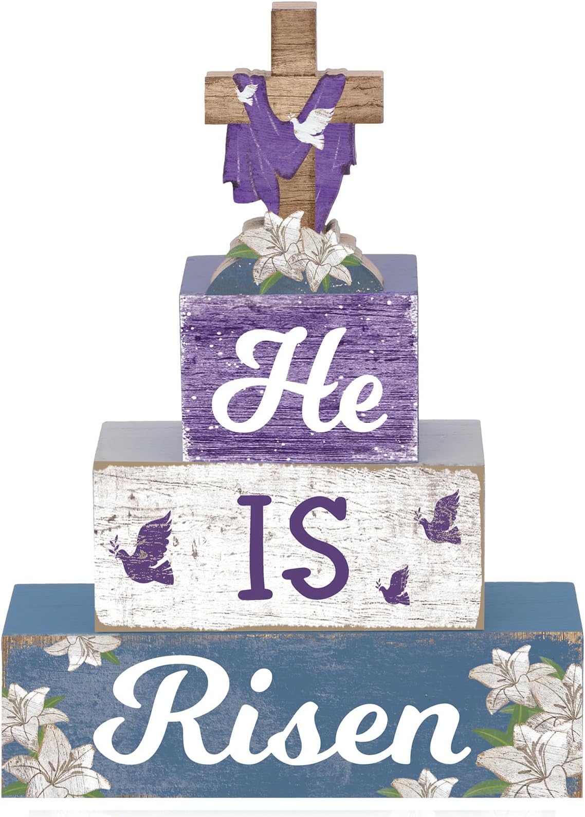 Motionchic 4 Pcs Farmhouse Easter Table Sign Easter Cross Wood Blocks Spring Purple Color Decorative Rustic Wooden Tiered Tray Decor for Home Table Shelf Kitchen Desk Party Decorations