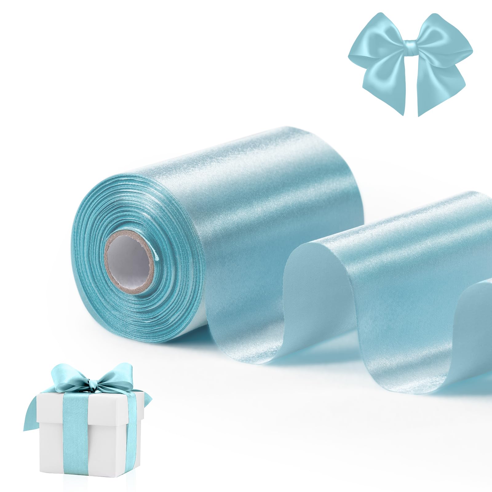 FAKILO Light Blue Green Satin Ribbon 4 Inch x 22 yd Wide Thick Ribbon for a Grand Opening Business Ribbon Cuttings Ceremony Bow Wedding Chairs Party Christmas Festival Decor