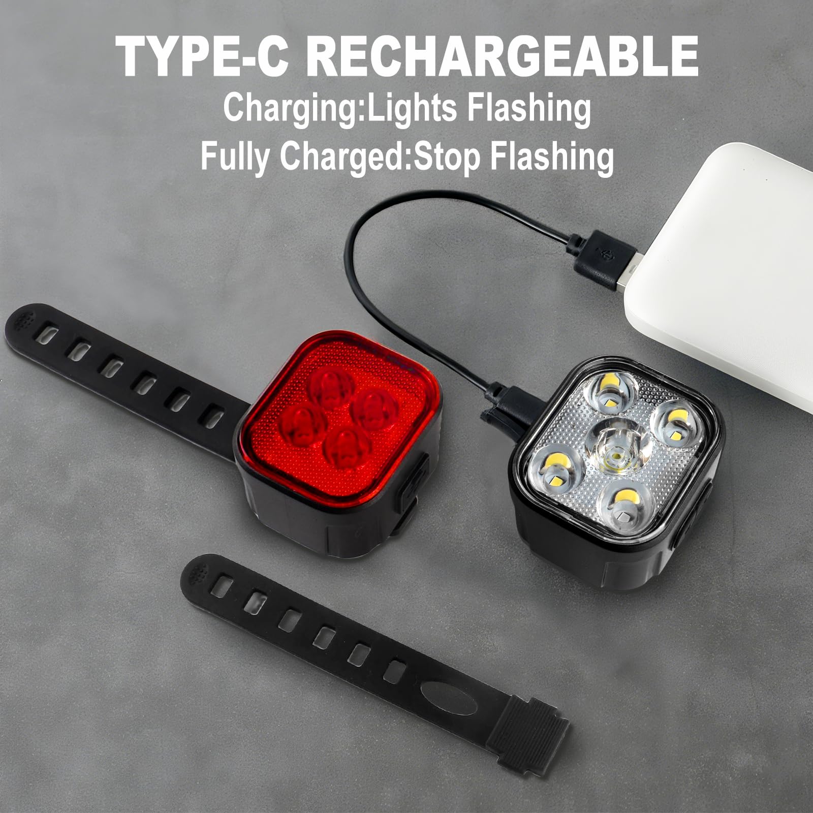 KunHe Confezione da 4 luci per bici per guida notturna, ricaricabili tramite USB, luci anteriori e posteriori, 8+12 modalità, set di luci per bicicletta, faro e fanale posteriore, facili da installare