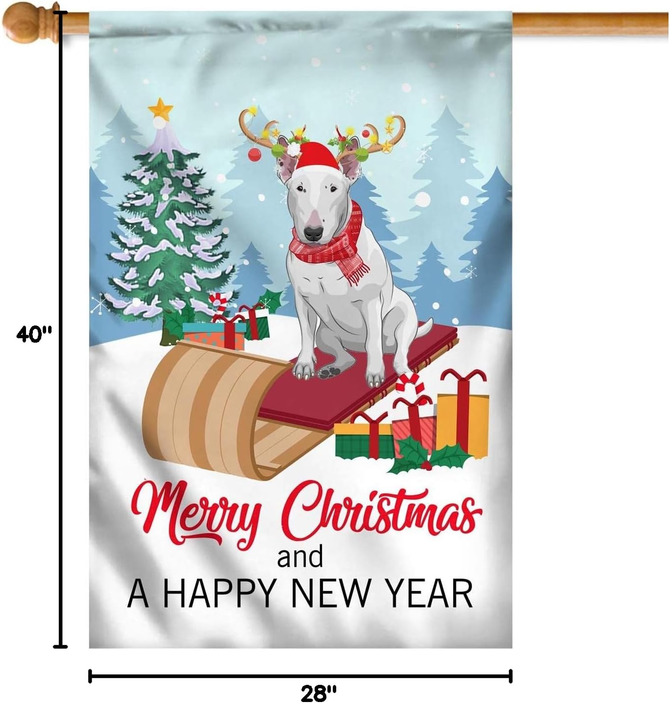 Dog Bull Terrier Christmas Flag Merry Christmas and Happy New Year Welcome Gift for Dog Lovers (28" x 40") USA House Flag Premium Decorative Yard Outdoor Flags