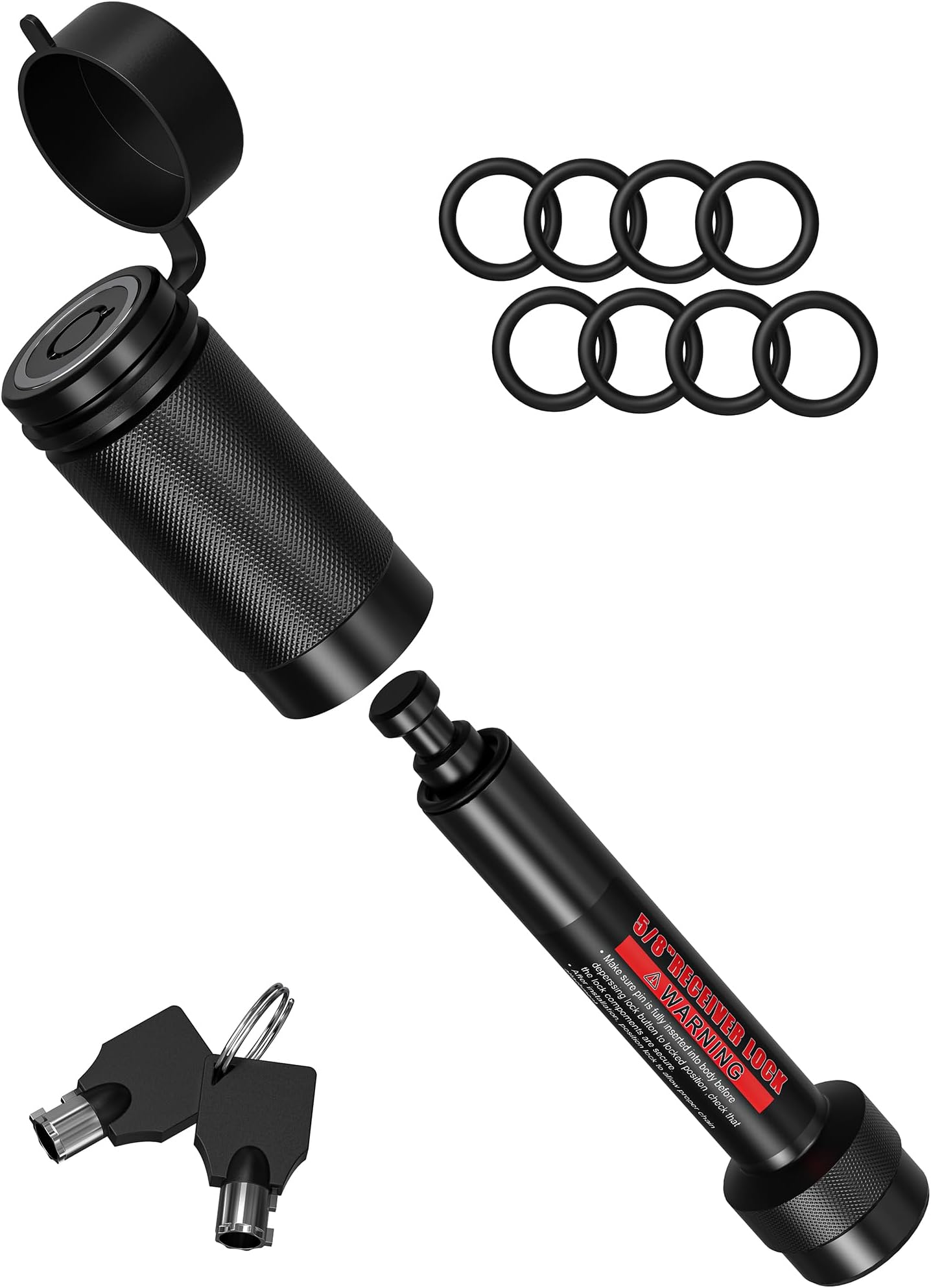 Trailer Hitch Lock – 5/8" Dia, 4" Extra Long Receiver Pin for Class III/IV Hitches, 2 Keys, 8 O-Rings, Keyed Alike, Ideal for Tow Trucks, Bikes, Cars & Boats (Black)