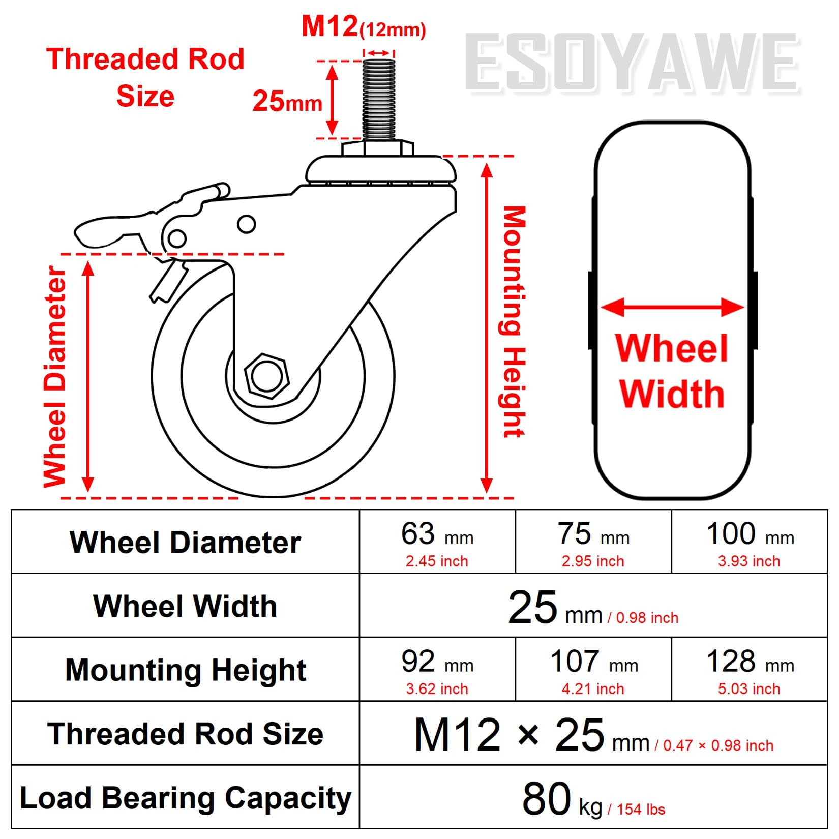 ESOYAWE Rotelle Girevoli Filettate M12 per Impieghi Gravo Set di 4, Silenzioso E Senza Traccia Ruote in Poliuretano con Freni, 63mm 75mm 100mm Rotelline di Ricambio per Carrello E Mobili(Brake,63mm)