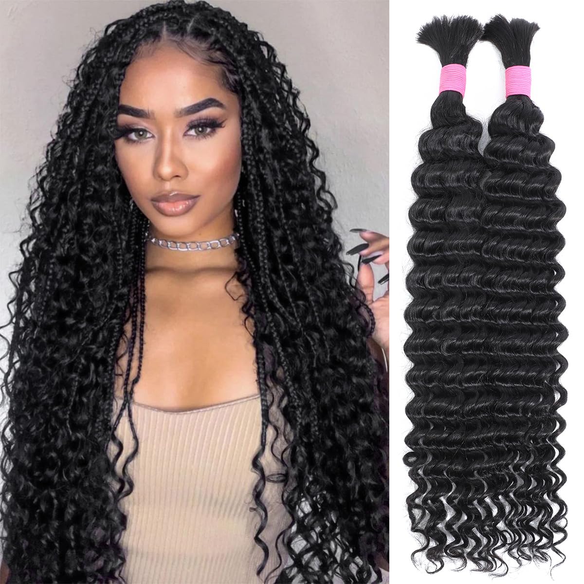 Human Braiding Hair for Boho Braids 24 Inch 2 Bundles 100g Deep Wave Bulk Human Boho Hair for Braiding 12A Virgin Curly Human Hair for Boho Knotless Braids Human Hair Bundles (Natural Color, 24 Inch)