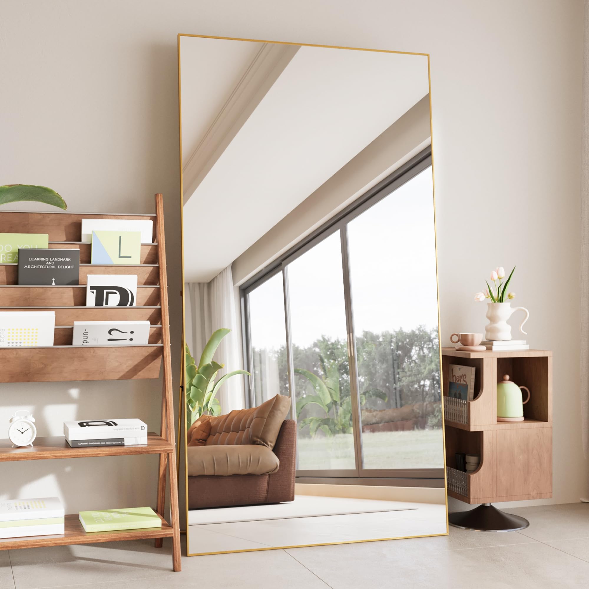 FANYUSHOW Full Length Mirror with Stand, 76"x34" Aluminum Alloy Frame Floor Mirror, Shatter-Proof Glass Free Standing, Leaning Against Wall or Wall-Mounted, for Bedroom Living Room Dressing Room Gold