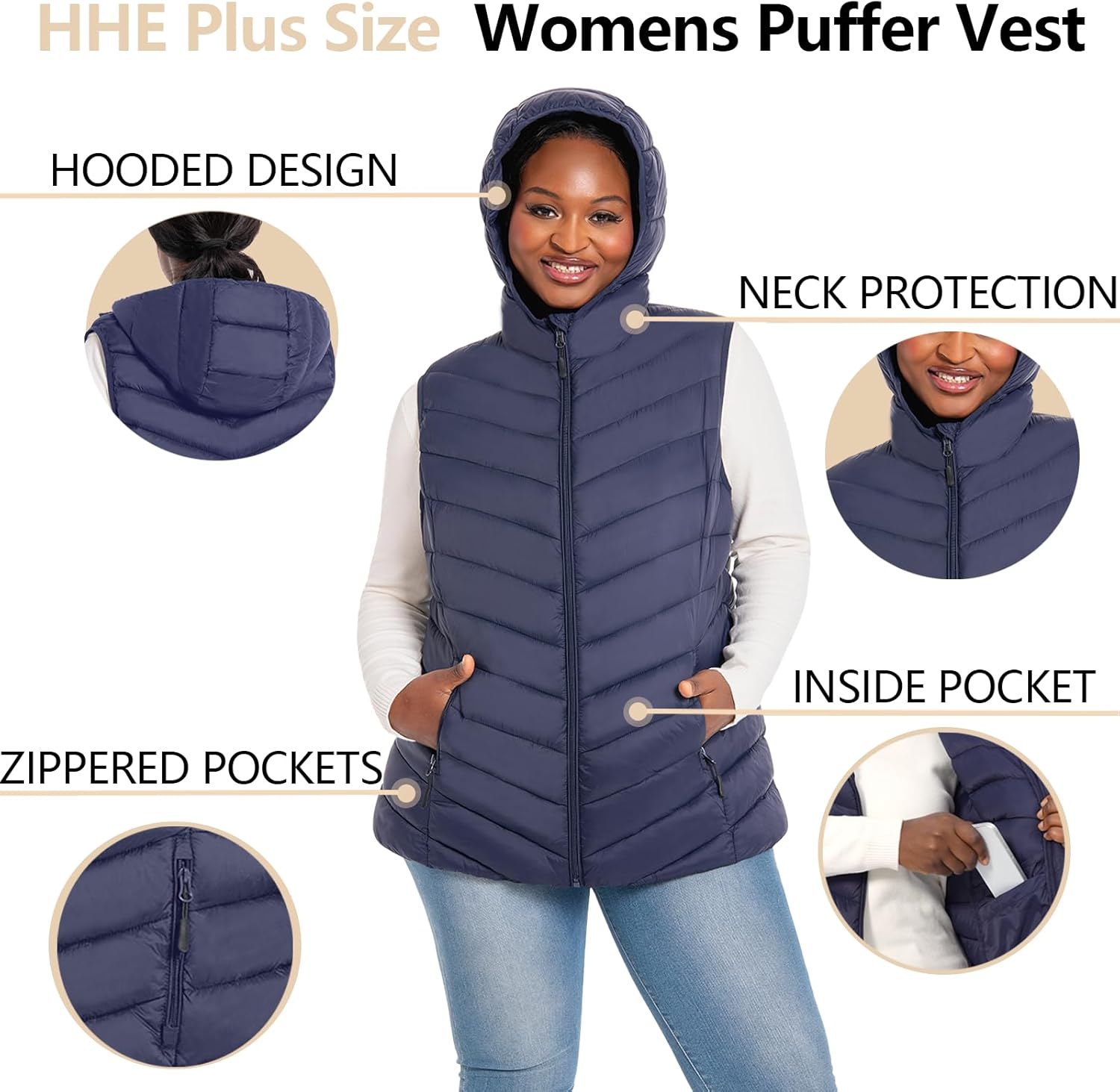 Womens Plus Size Packable Puffer Vest 1X-6X Women's Hooded Lightweight Quilted Puffy Vest - Image 5