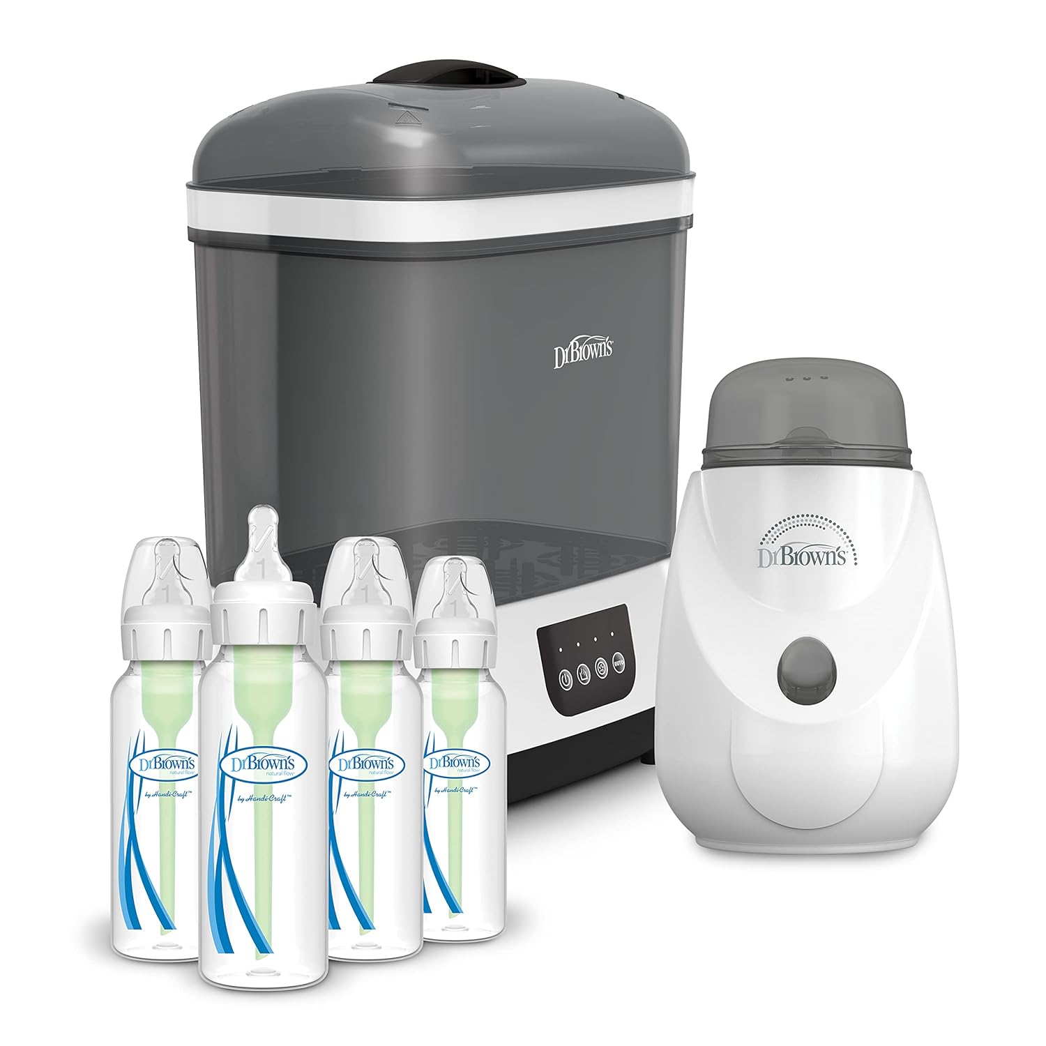 Dr. Brown’s Clean Steam Baby Bottle and Pacifier Sterilizer and Dryer, Insta-Feed Bottle Warmer and Anti-Colic Options+ Baby Bottles 8 oz, 0m+ Level 1 Nipple, 4 Pack