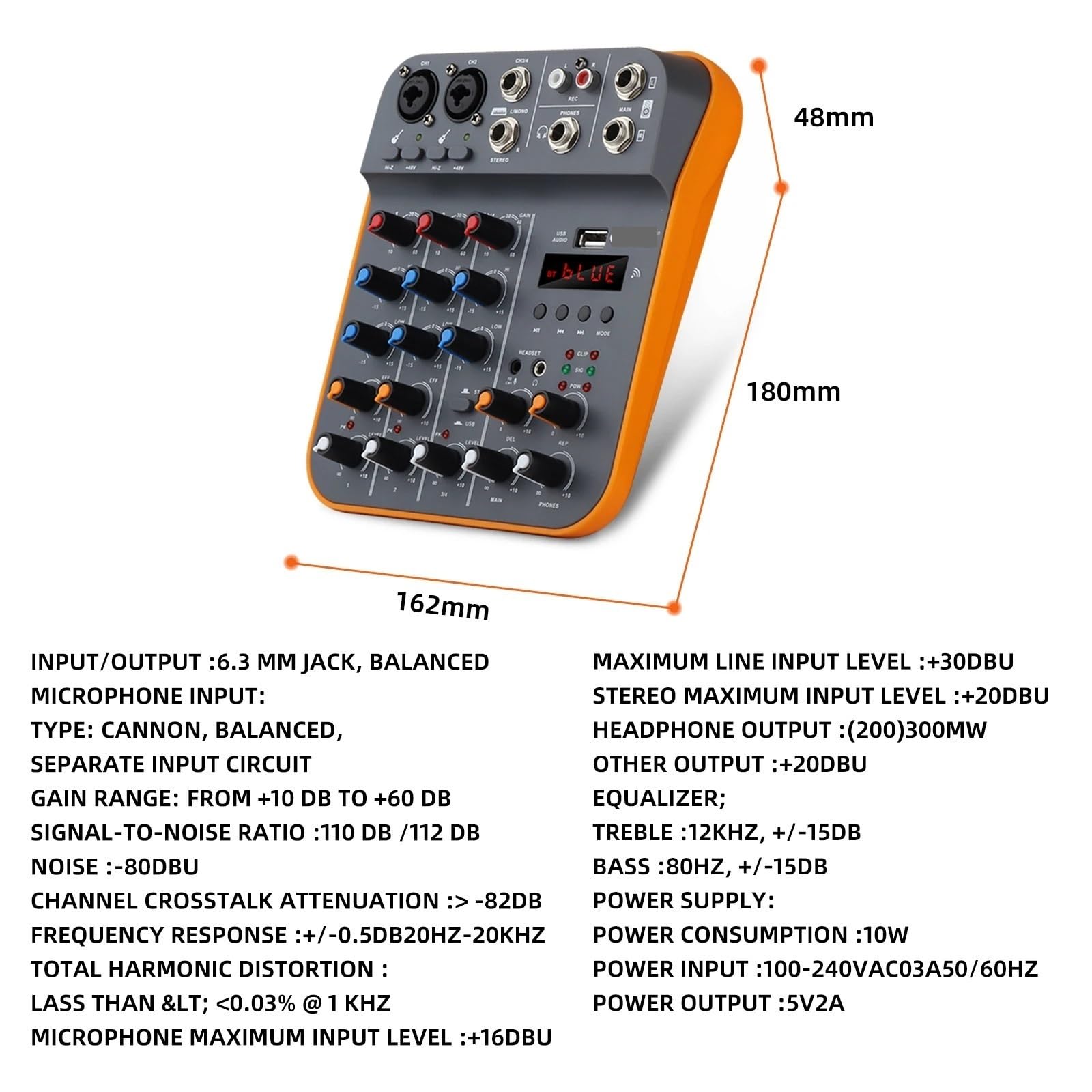 Sintonizzatore a 4 canali, console DJ con scheda USB Bluetooth 5.0 48V Phantom Power for registrazione su computer,