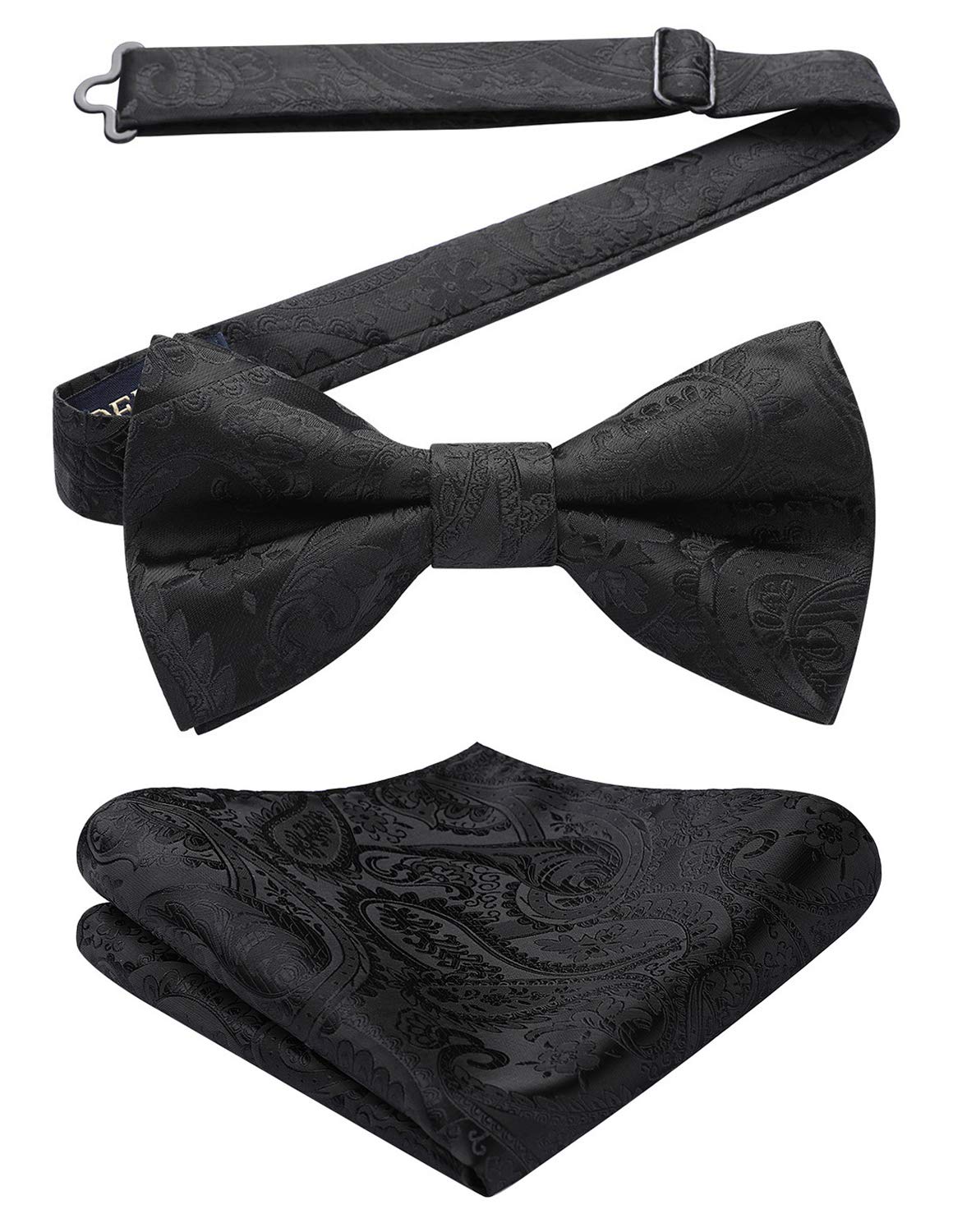 HISDERNMen's Solid Color Pre-tied Bow Tie Adjustable Tuxedo Two Layer Bow Tie and Pocket Square Set with Gift Box