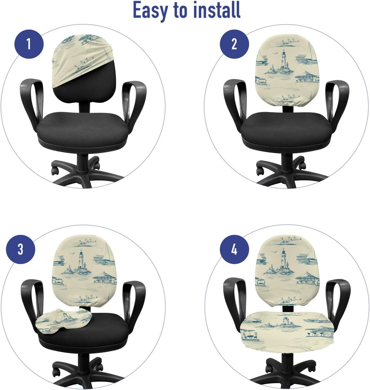 Ambesonne Lighthouse Office Chair Slipcover, Hand Drawn Beach Pattern Summertime Illustration Vacation Tourism Elements, Protective Stretch Decorative Fabric Cover, Standard Size, Blue Beige