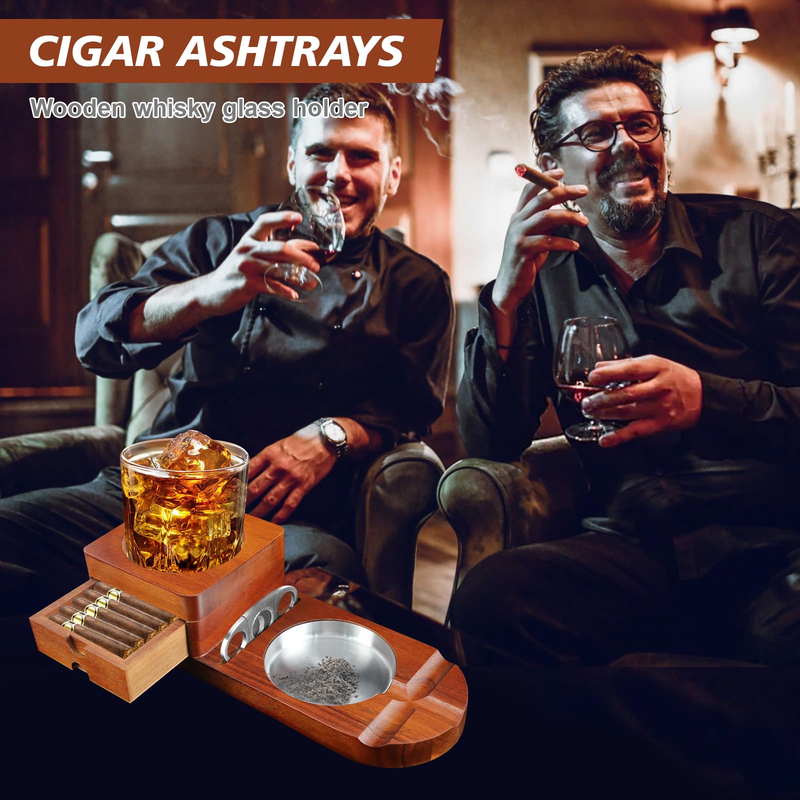 Posacenere in legno per sigari, Posacenere per sigari con vassoio per whisky e porta sigari, accessori per fumatori da uomo, regali per gli uomini per Ufficio e Tempo Libero o bar, compleanno