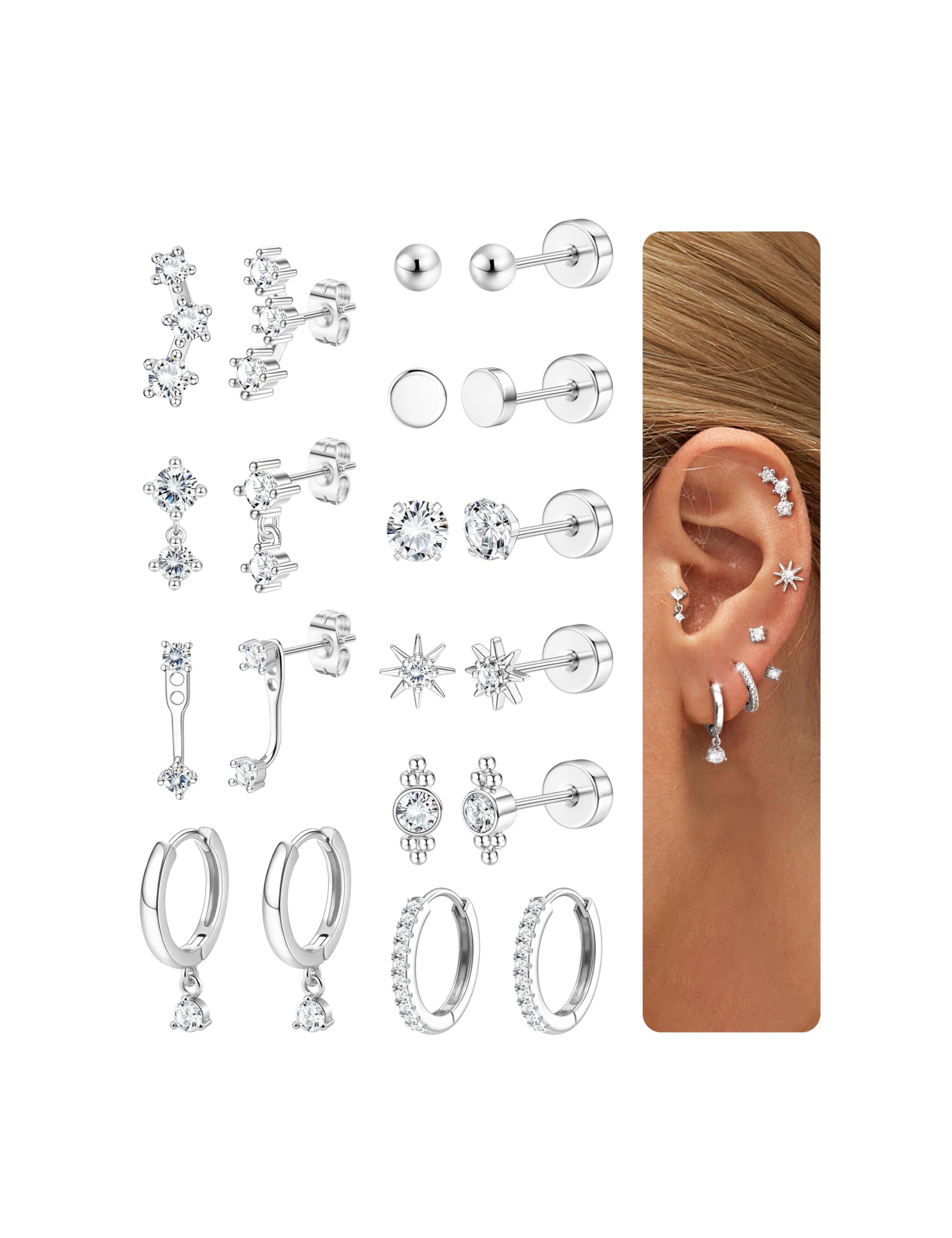 Chriscoco Hypoallergenic Flat Back Earrings For Women Surgical Steel Cartilage Earrings Set 14K Gold Plated Hoop Earring Gold Silver Stud Earring Stack Conch Daith Tragus Helix Piercing Jewellery-G