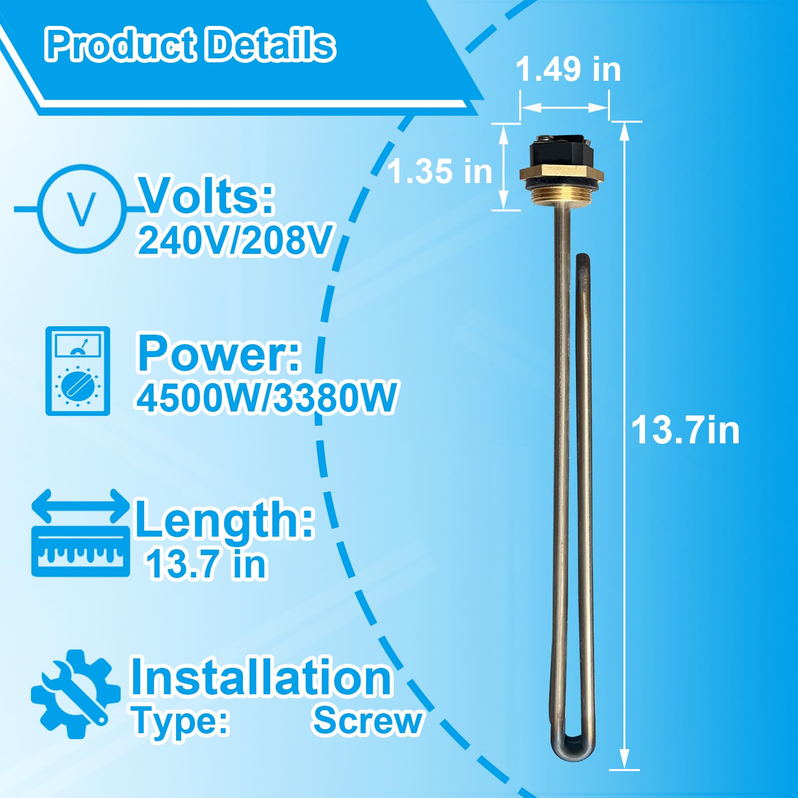 Upgraded 4500W 240V Titanium Water Heater Element – Compatible With Rheem SP10869MM, Screw-In Type, Includes O-Ring & Screws