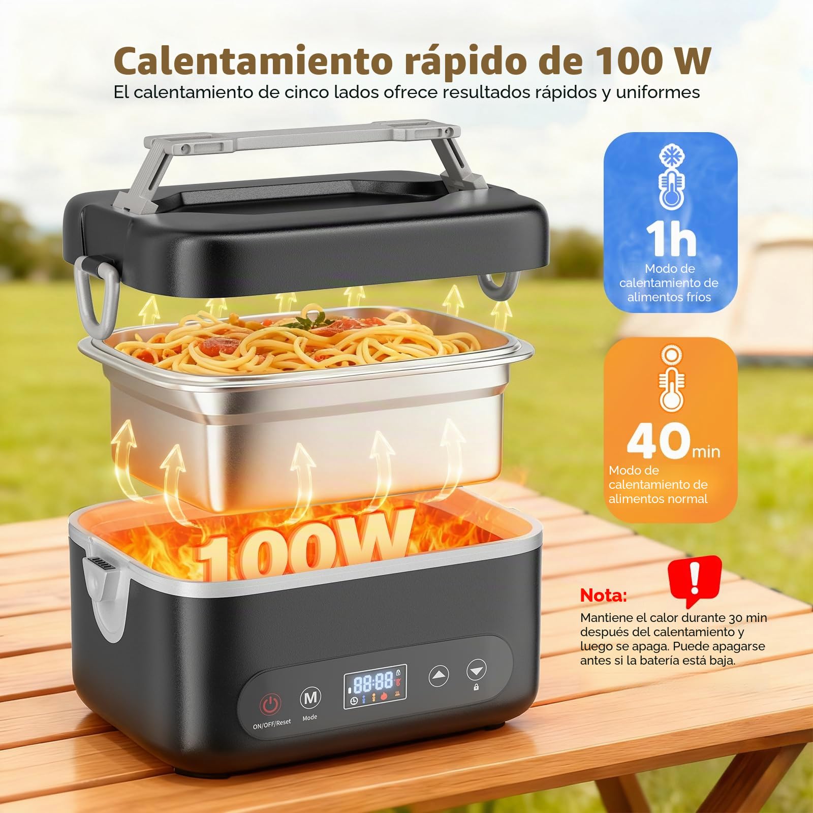 Fiambrera eléctrica con batería, 16.000 mAh, con función de calefacción, 1,2 L, con temperatura ajustable, modo de mantenimiento del calor y retardo de inicio de 12 horas para oficina, viajes y