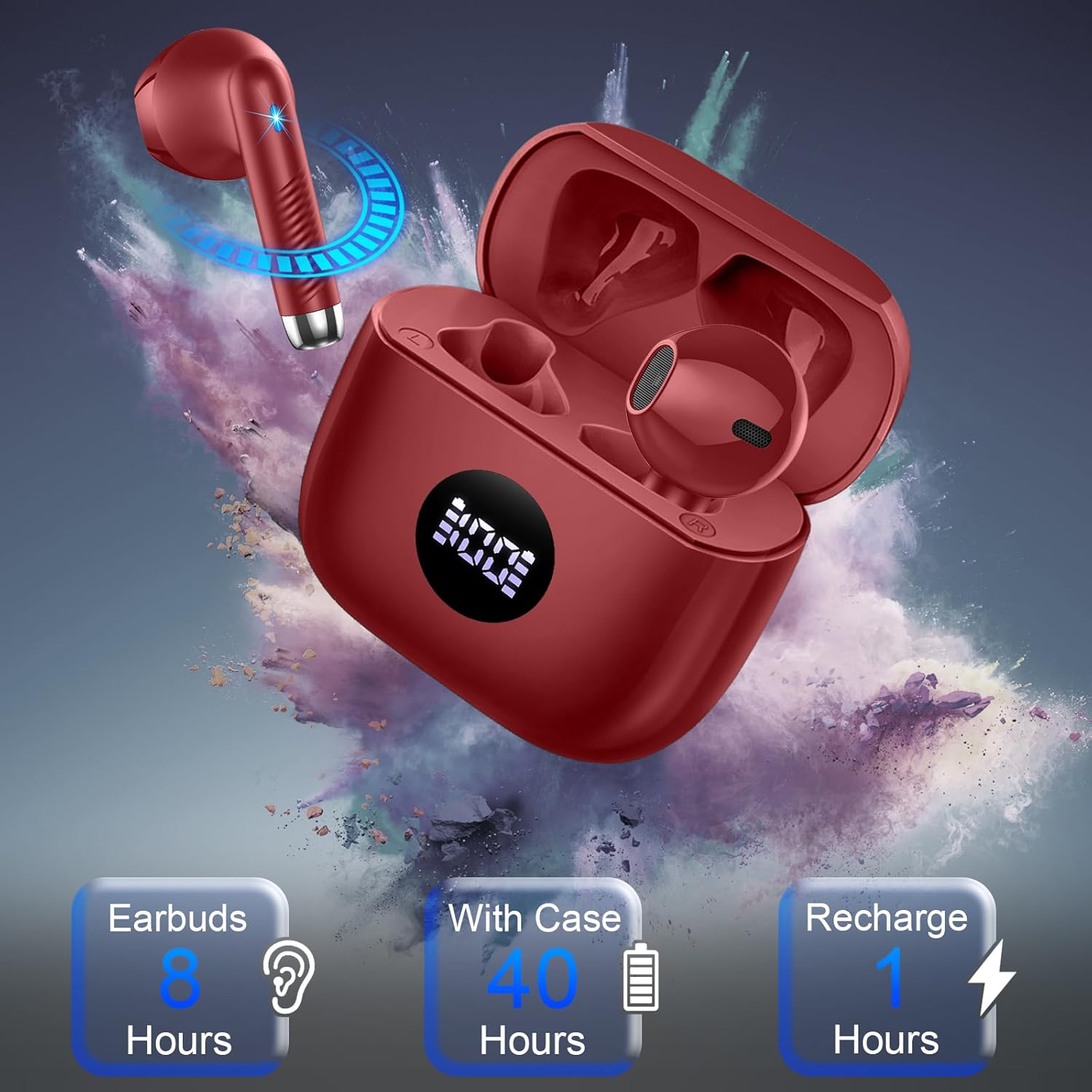 Red Jxrev earbud charging in its case, with icons indicating 8 hours for earbuds, 40 hours with case, and 1 hour recharge time.