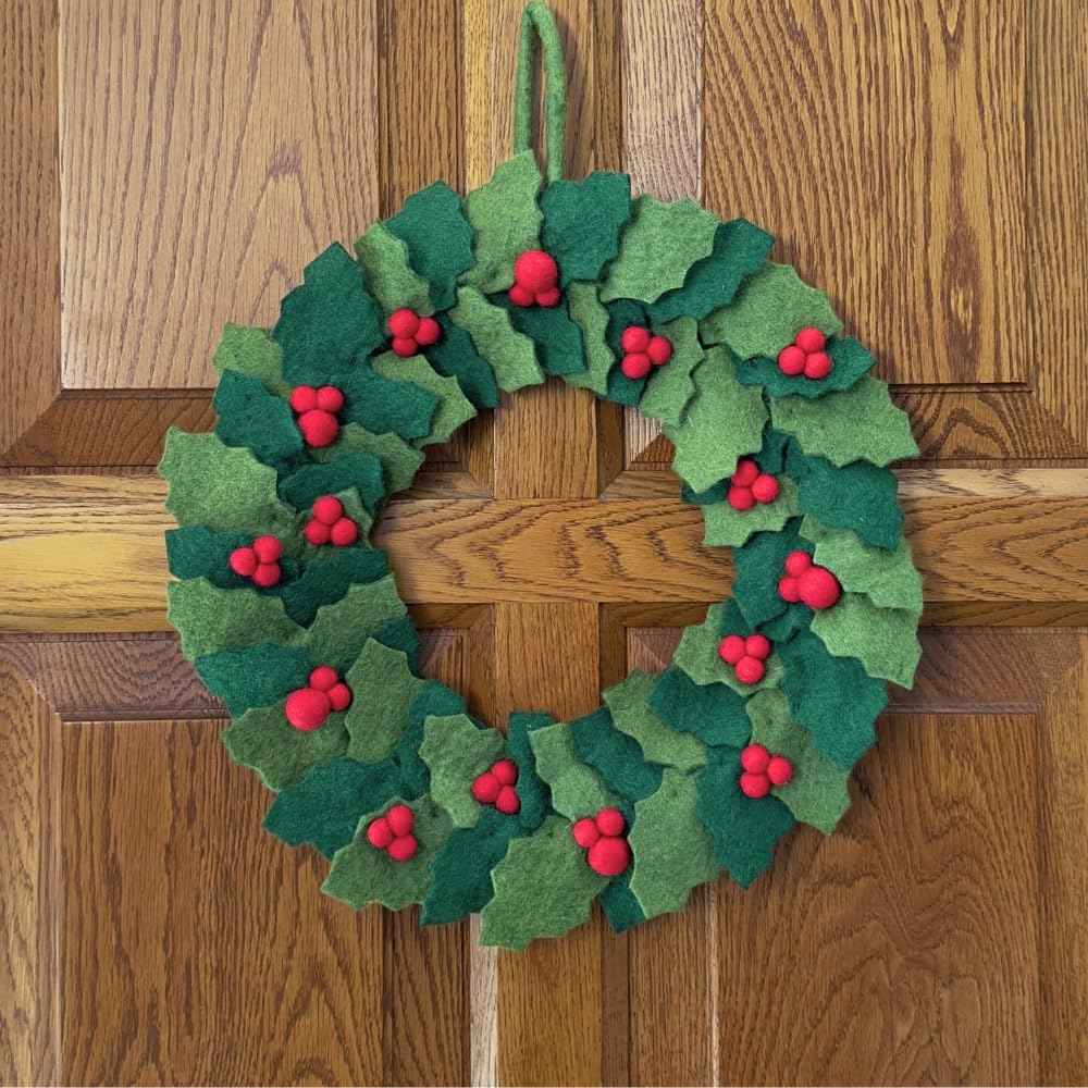 Humble Hilo Corona de flores de fieltro hecha a mano, corona de Navidad, decoración de otoño para puerta (corona navideña con bayas rojas)