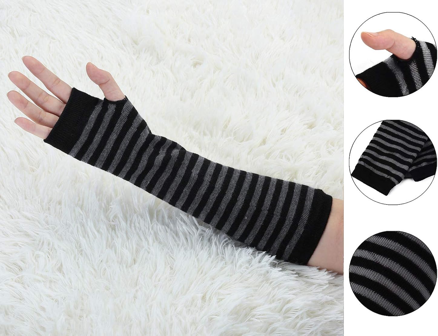 Allegra K Women Stripe Print Knitted Fingerless Elbow Length Gloves Warmers Pair Black Gray at  Women’s Clothing store