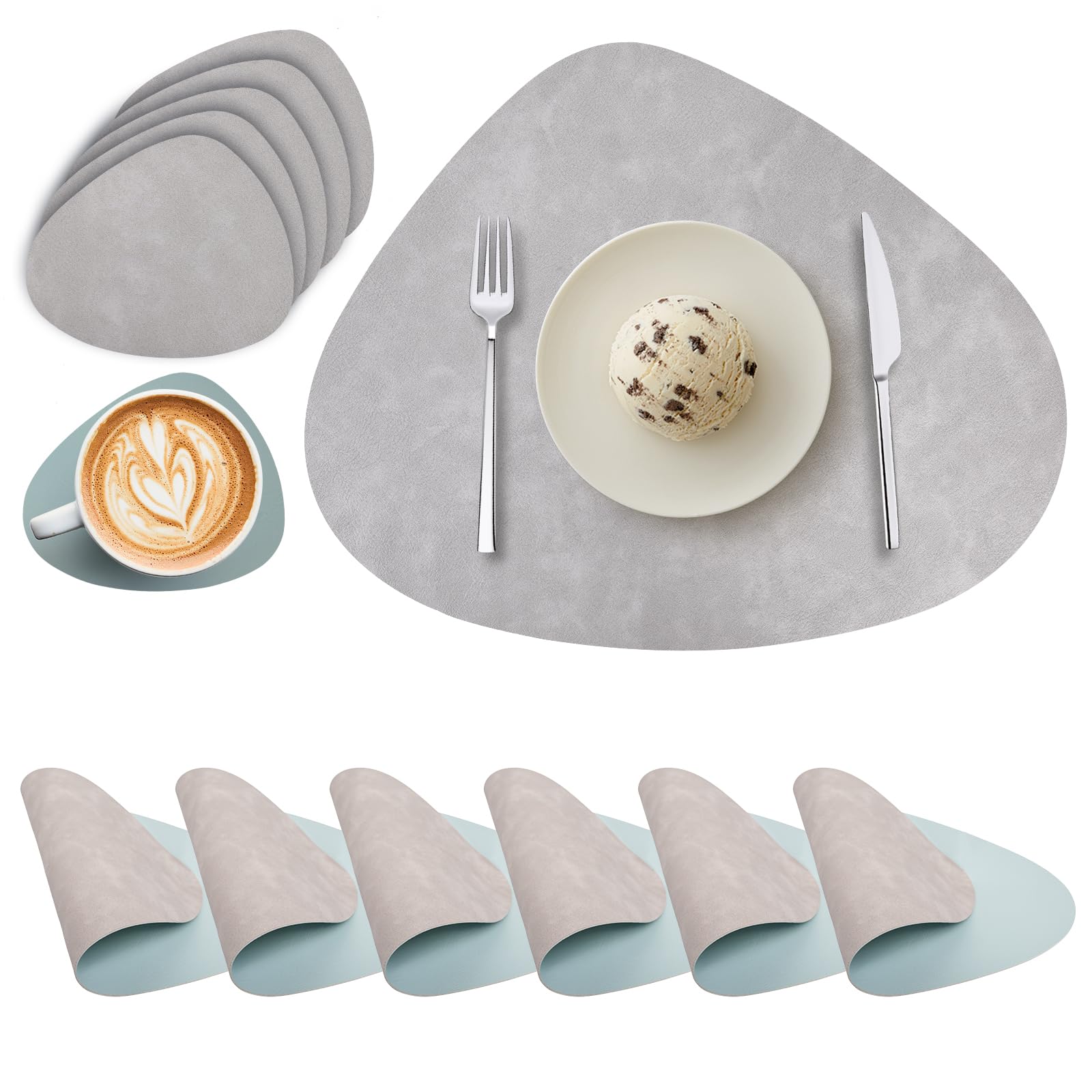 Tovagliette e Sottobicchieri Lavabili, Tovagliette Rotonde in Pelle PU, Tovagliette Bifacciale Impermeabile Resistenti al Calore Non-scivolose Tovagliette Americane (Set di 6, Grigio Chiaro Azzurro)