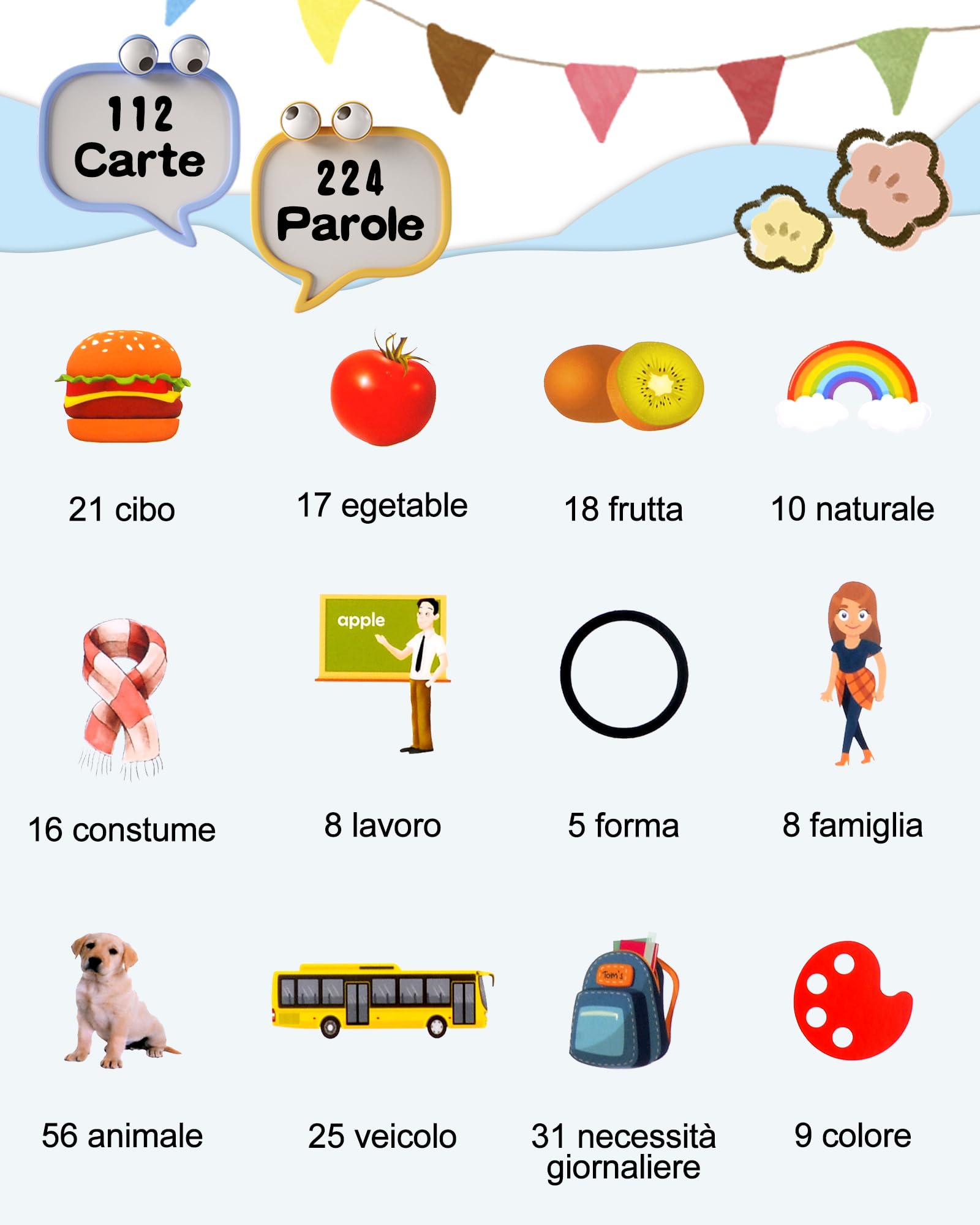 Xtaco amico vocabolo gioco italiano, giochi bambini 3 anni,giochi montessori 2 anni, educativi prescolari Lingua Imparare a parlare Colori Numero Animali -224 Parole Blu