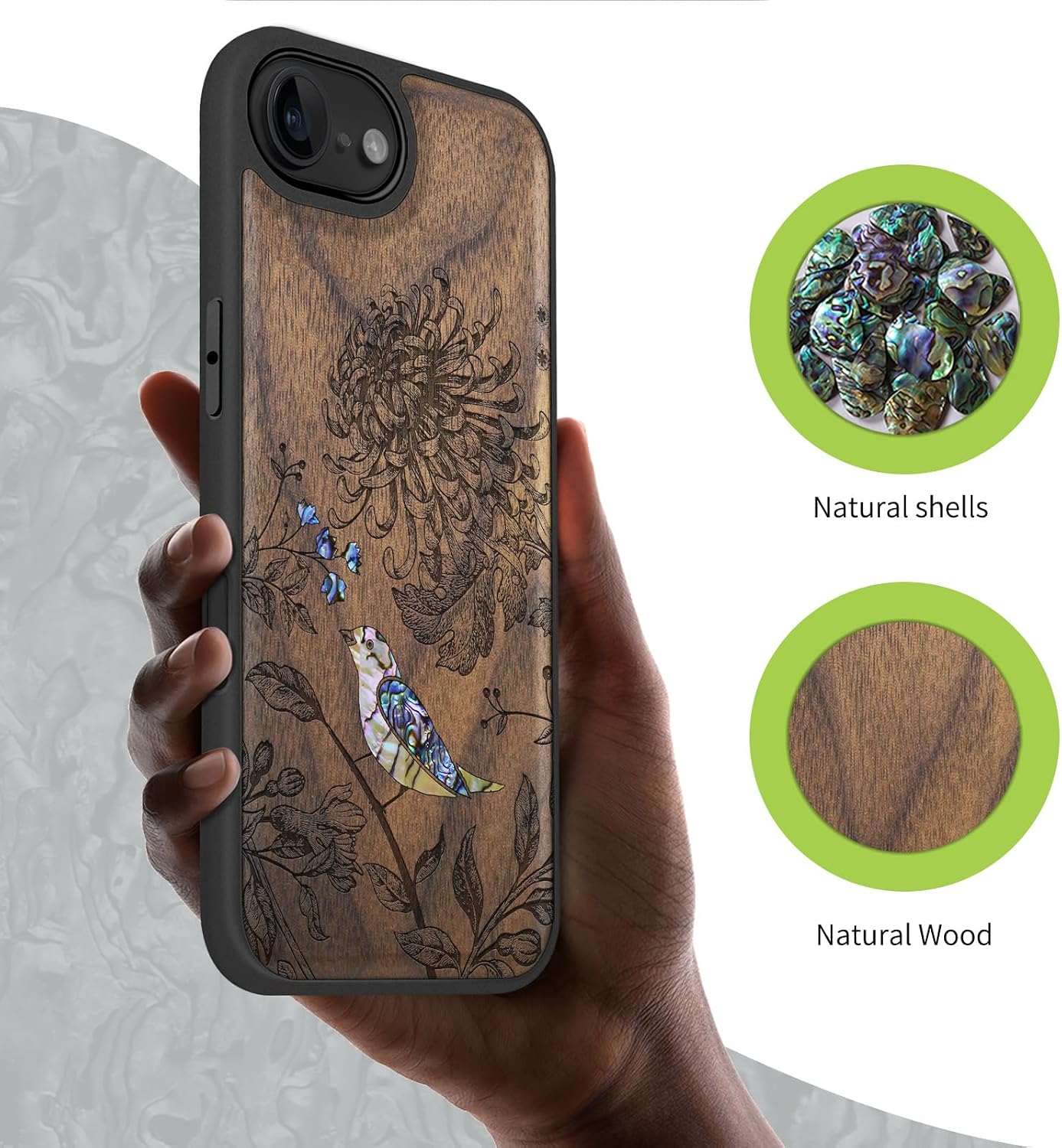 Carveit Magnetic Wooden Case for iPhone 16e / 17e, Wood Artisan Engraved & Handmade Shell Inlaid, TPU Shockproof Cover, Compatible with MagSafe Wireless Chargers, Flowers and Bird - Walnut