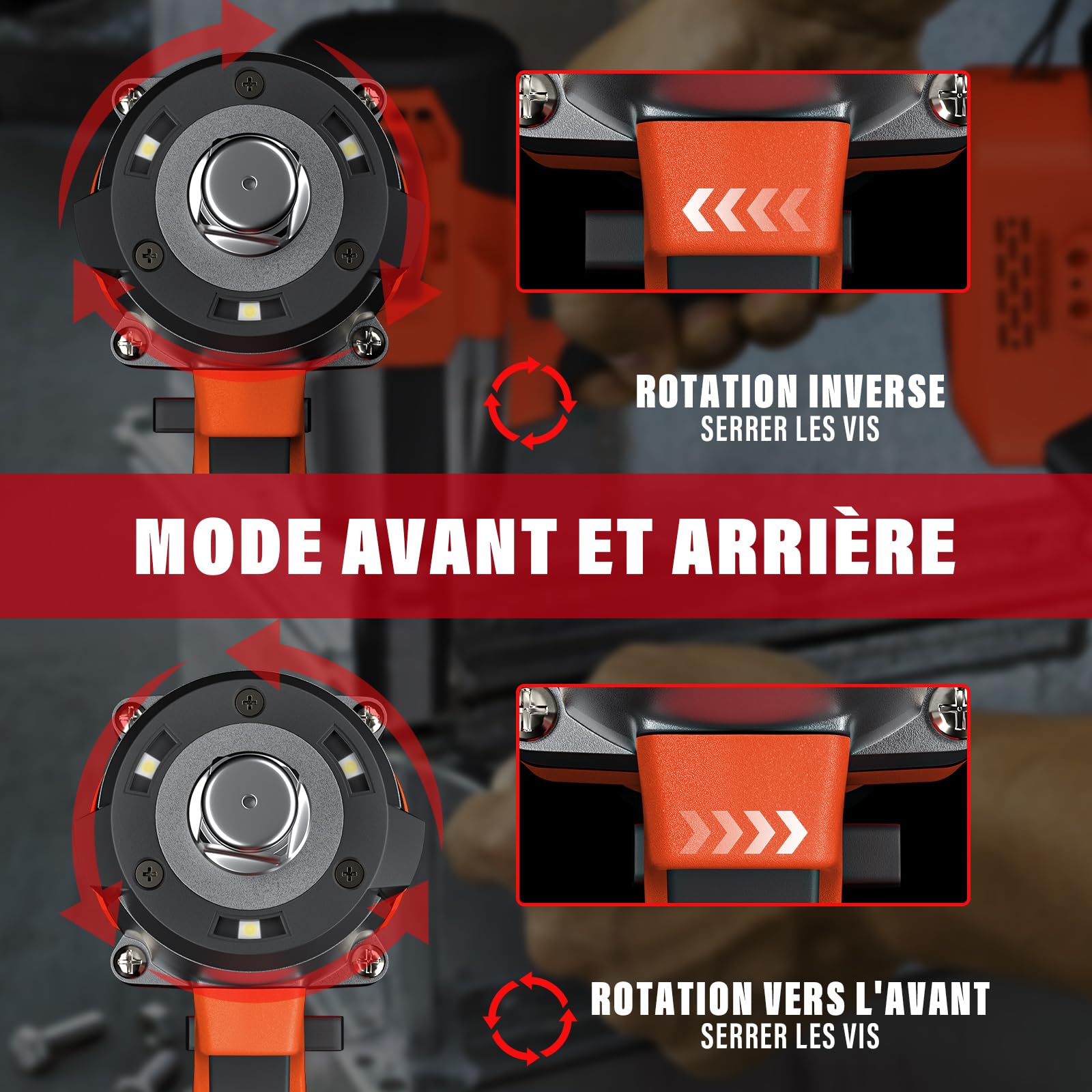 Moteur sans balais amélioré visseuses à choc électriques 1/2”Couple maximum 550n.m,lumière led intégrée,clef a choc batterie de 4,0 Ah, 2 modes de vitesse, pour boulonner et déboulonner