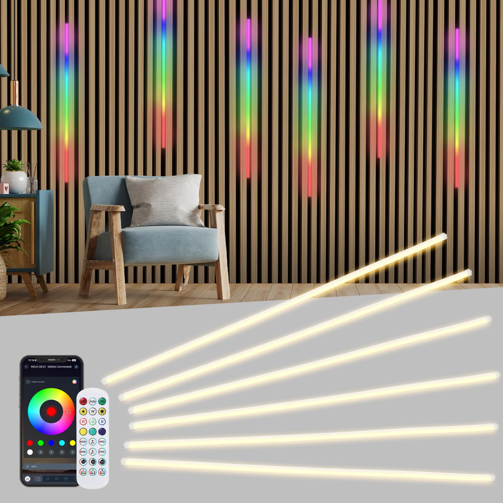 RGB LED für Akustikpaneele,6 Stück 100cm RGB LED Strip APP Steuerung | 12×12mm Flexible LED mit Fernbedienung, Eingebetteter LED für Schlafzimmer,Akustikpaneele