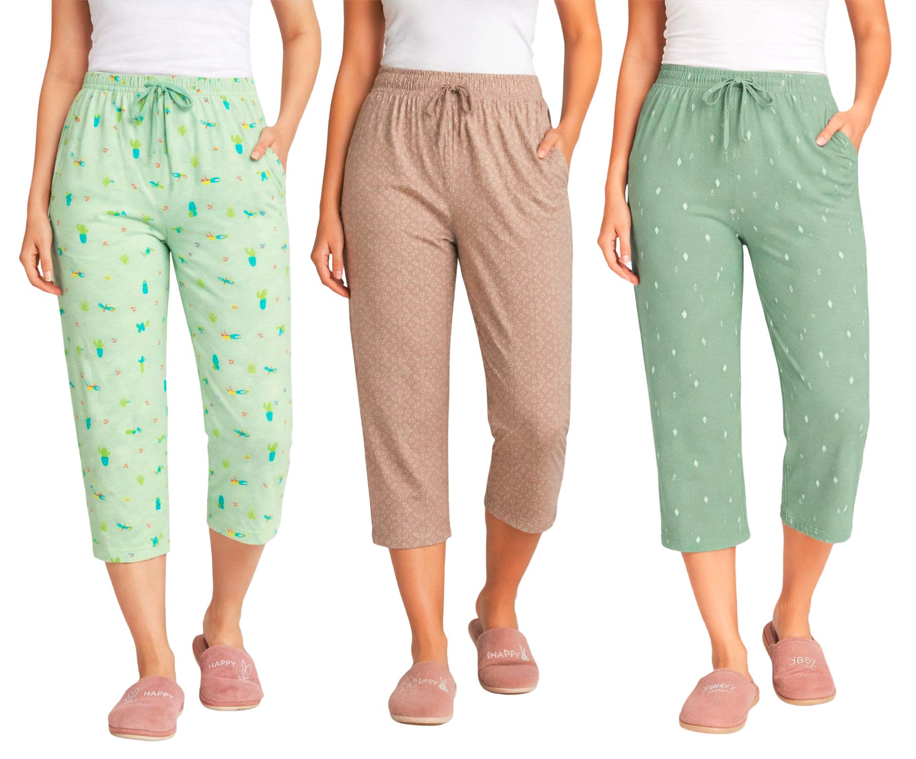 Women’s Printed Cotton Capri Pants Pack of 3 for Women with Pocket | Soft Comfortable Stretchable Daily Wear Lounge Capri Bottomwear Set (LIGHTGREEN-BROWN-GREEN, M)-picture-40