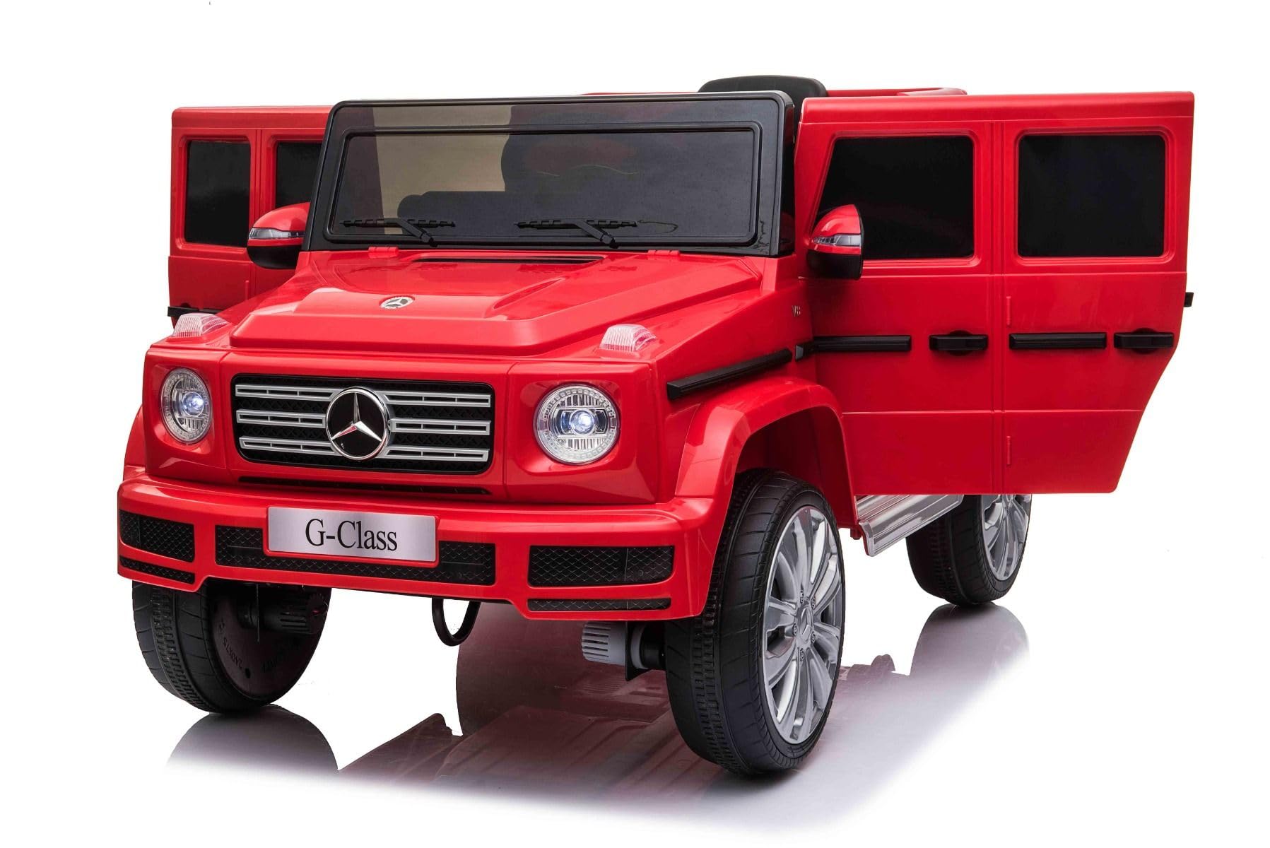 Samochód elektryczny Mercedes G500 12 V, czerwony, pilot 2,4 GHz, wejście USB/SD, tylne zawieszenie, bateria litowa, oświetlenie LED, oryginalna licencja