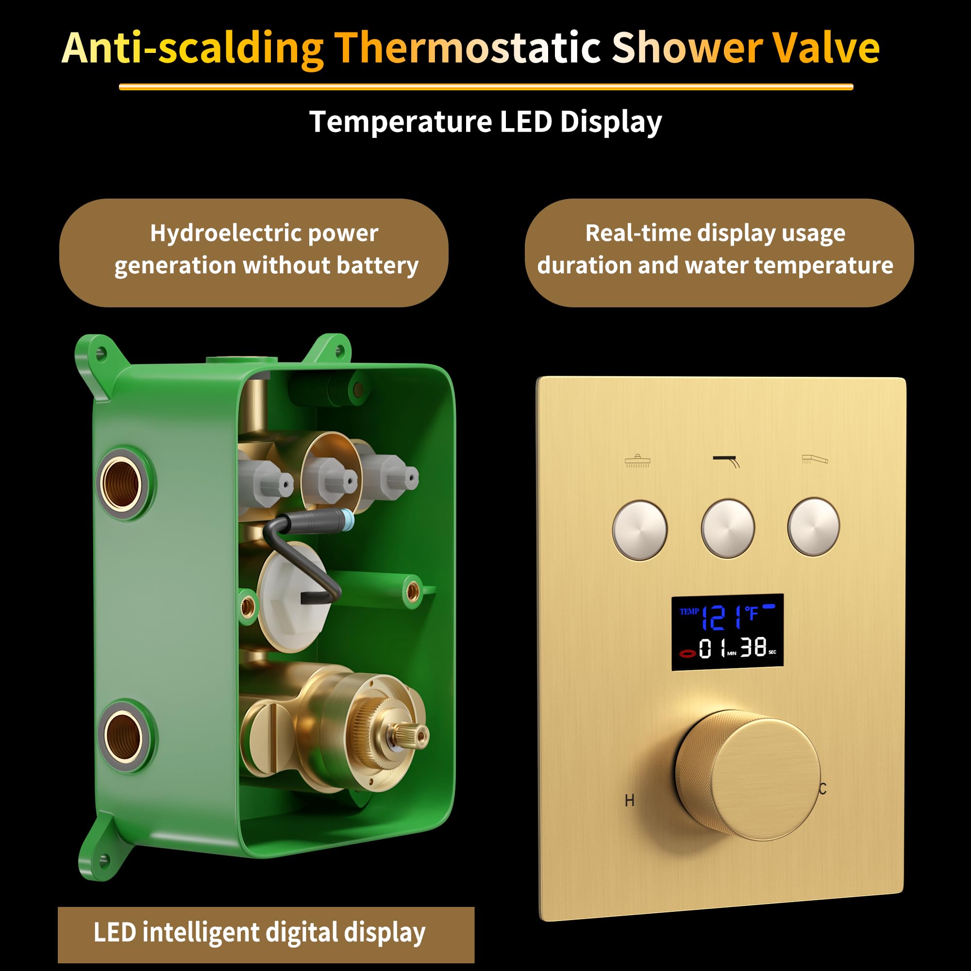 Brushed Gold Shower System AYIVG Temperature Display Thermostatic ...