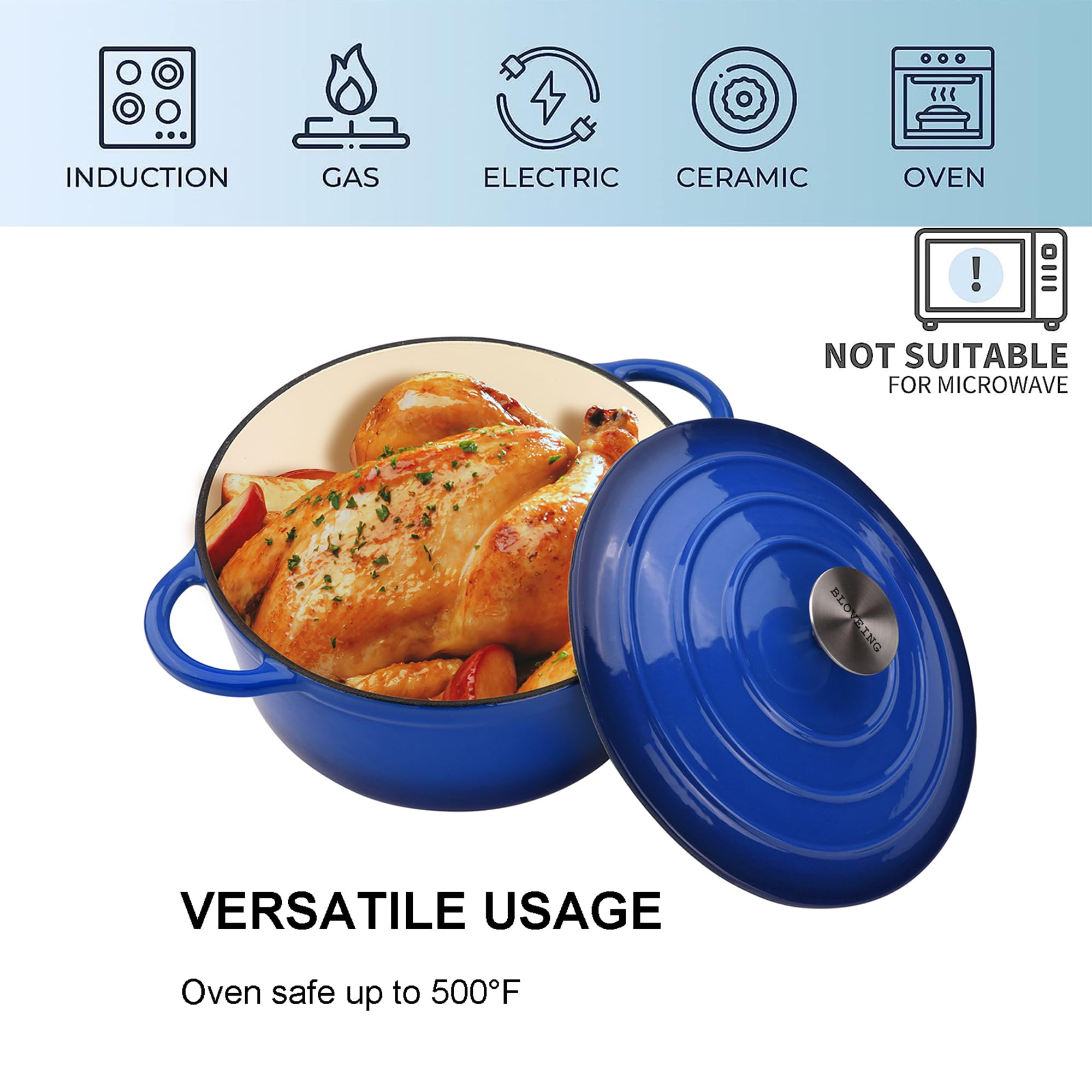Forno olandese in ghisa smaltata da 3 qt, con coperchio, rotondo, grande, doppio manico, classico, rotondo, per cuocere in casa, cucina, blu
