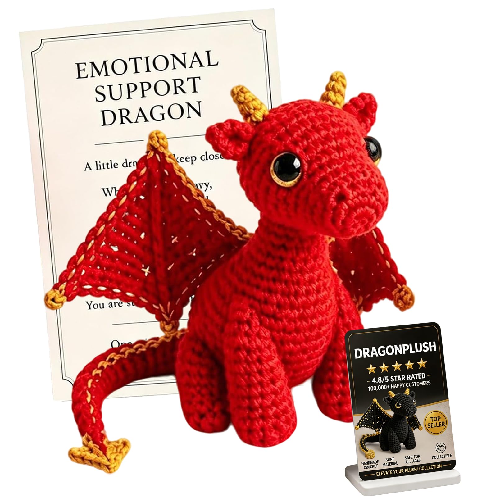 Emotional Support Dragon Pocket Buddy, Handmade Cute Plush Stuffed Dragon with Encouragement Card, Emotional Positive Crochet Gift (Red)