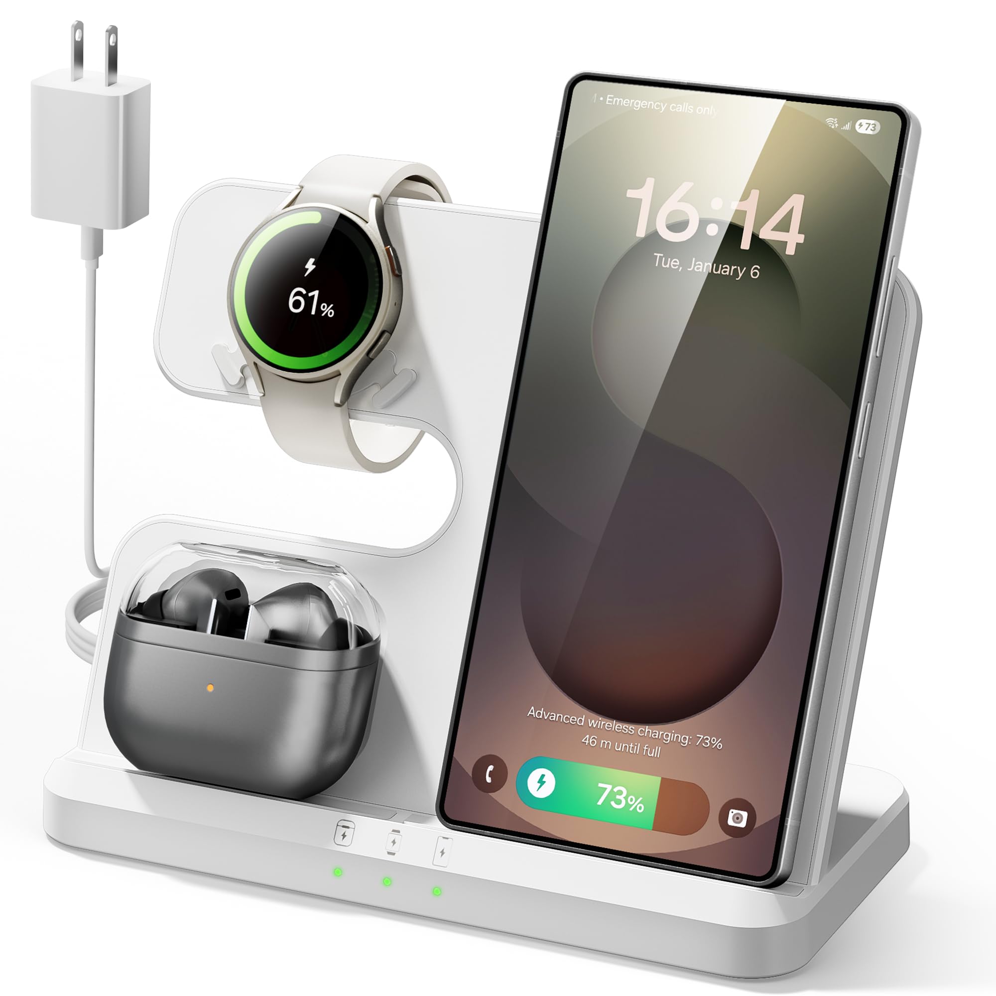 Stazione di ricarica wireless per Samsung, supporto 3 in 1 per Galaxy S25 Ultra/S24/S23/Z Fold, dock di ricarica per telefono e orologio per Samsung Watch Galaxy 8/7/6/5, Galaxy Buds 3/2/Pro