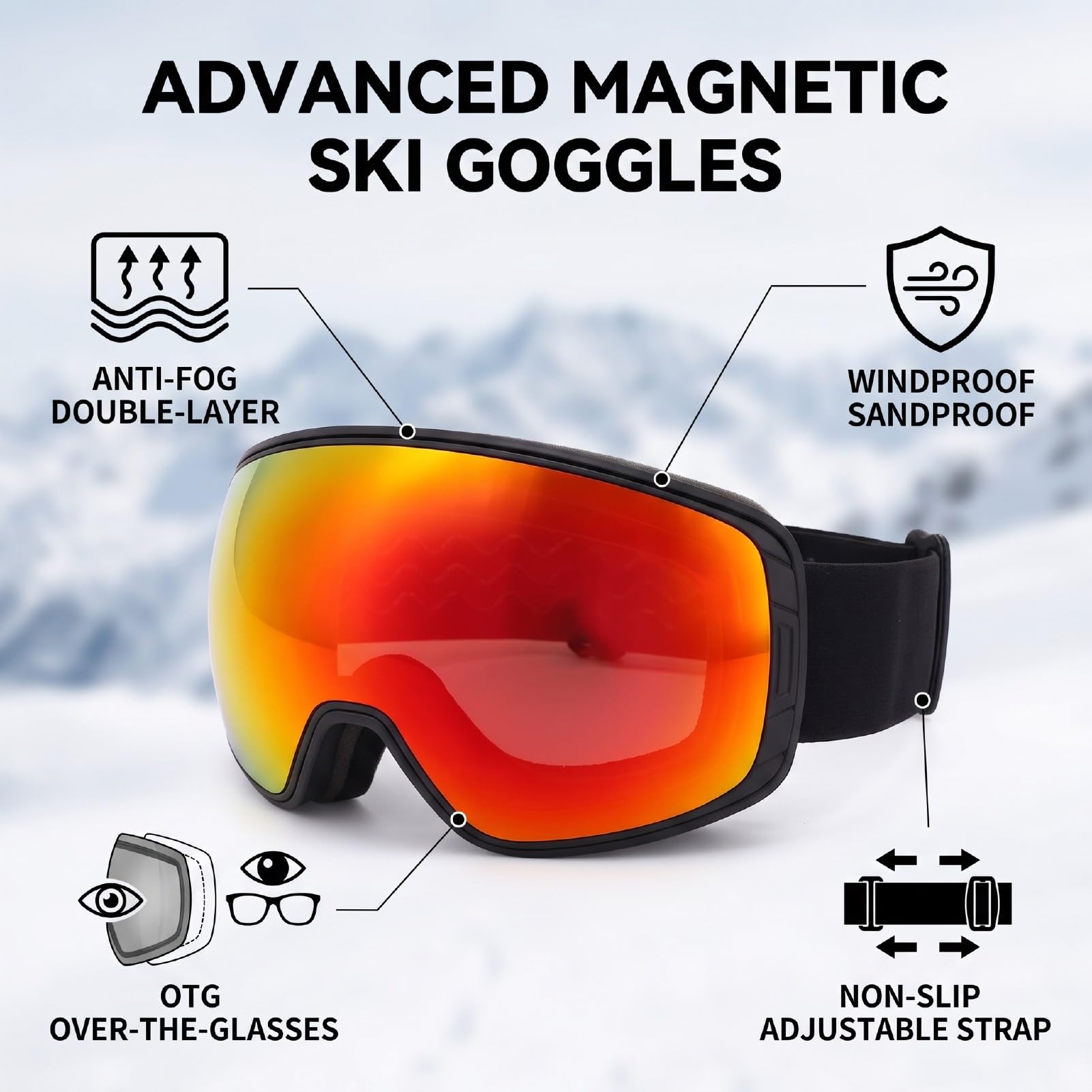 Lunettes de Ski Magnétiques, Masque de Snowboard Anti Buée for | Écran Coupe-vent Double Couche, Anti-rayures, Bande Silicone OTG Antiglisse