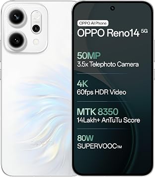 Oppo Reno14 5G Pearl White, 12GB RAM, 512GB Storage with No Cost EMI/Additional Exchange Offers
