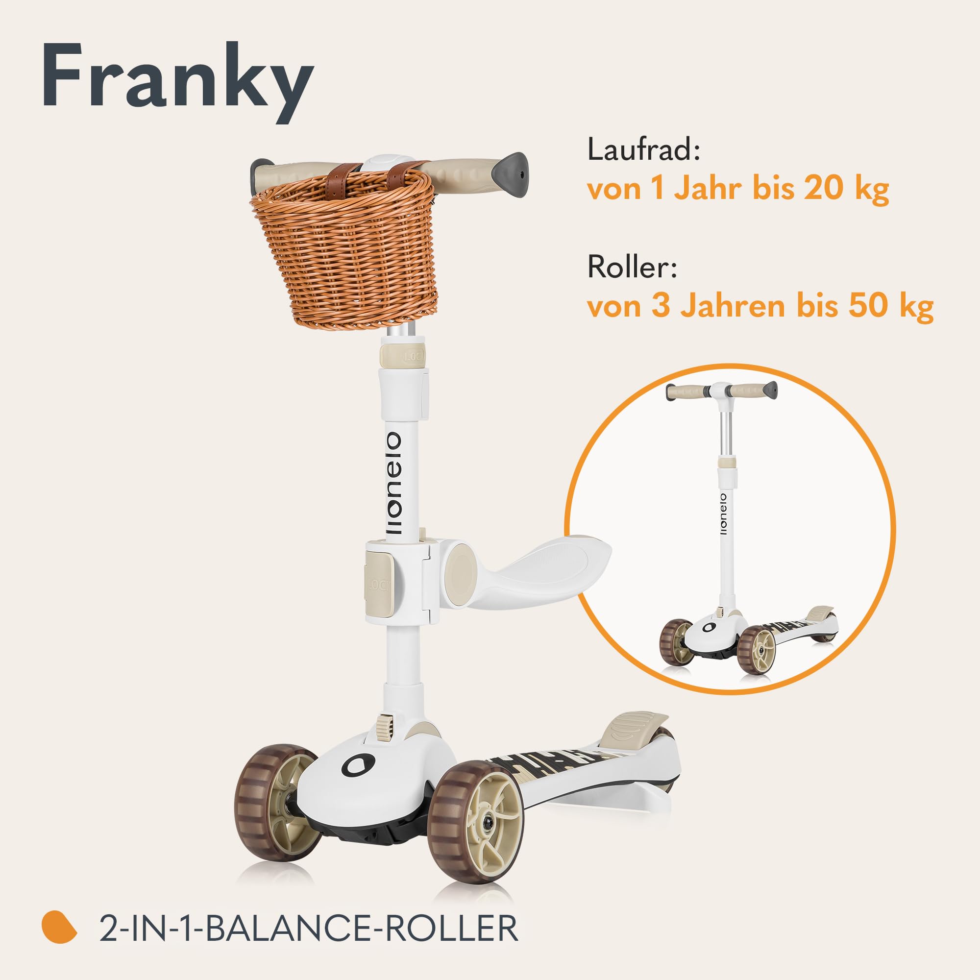 LIONELO Franky 2-in-1 Kinder-Balance-Roller ab 3 Jahre bis 50 kg Laufrad ab 1 Jahr bis 20 kg Höhenverstellbar, LED-Räder, rutschfestes Trittbrett, Korb