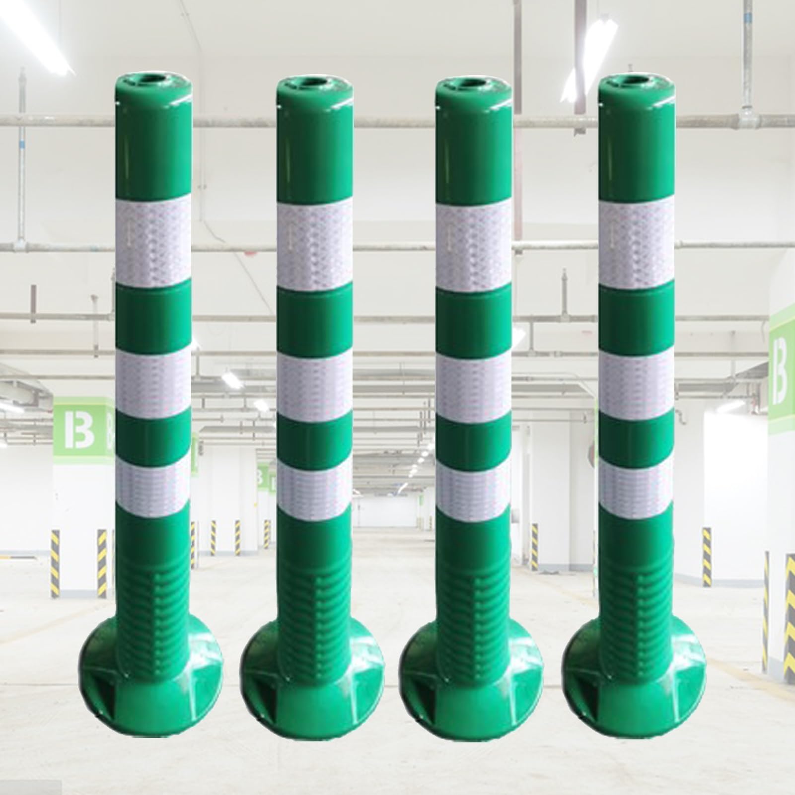 Parking Barrier, Plastic Safety Bollard Post 4 Pack, Flexible Parking Space Blocker, Driveway Road Garage Lot Warning Barrier Cones, 76Cm / 30In Height H H,Yellow An,Green and White-76cm (30in) H
