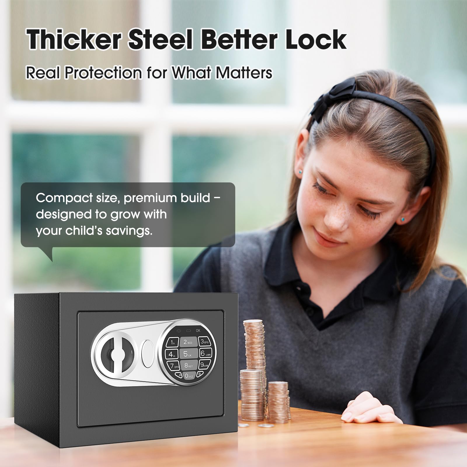 Goldenkey Caja fuerte para niños pequeños con bolsa ignífuga, mini cajas fuertes digitales con llaves y código para dinero, caja de seguridad para artículos personales para el hogar, 6.69 pulgadas de