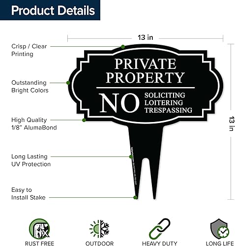 Miniatura 7 de Señal de propiedad privada No Soliciting Loitering Trespassing Inground de 13 x 13 pulgadas, sin óxido, ACM, resistente a la decoloración, fabricado