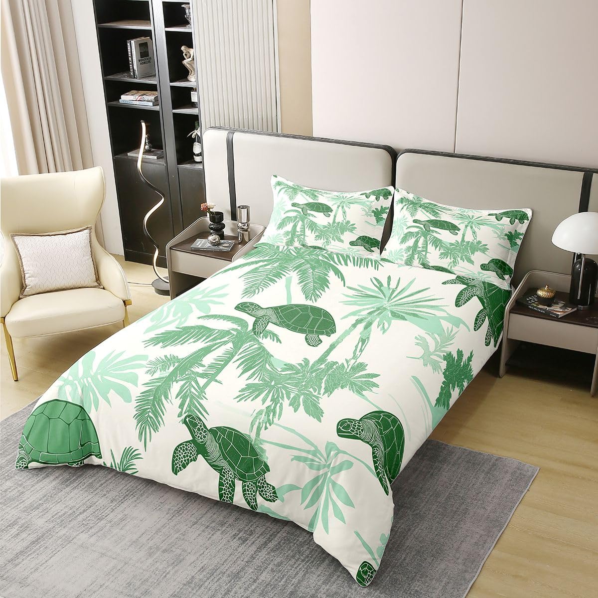 Homewish Pościel z palmami zestaw podwójnych łóżek żółw morski bawełna poszewka na kołdrę plaża kreskówka żółw monstera poszewka na kołdrę palmy drzewa sylwetka zielone zestawy łóżek