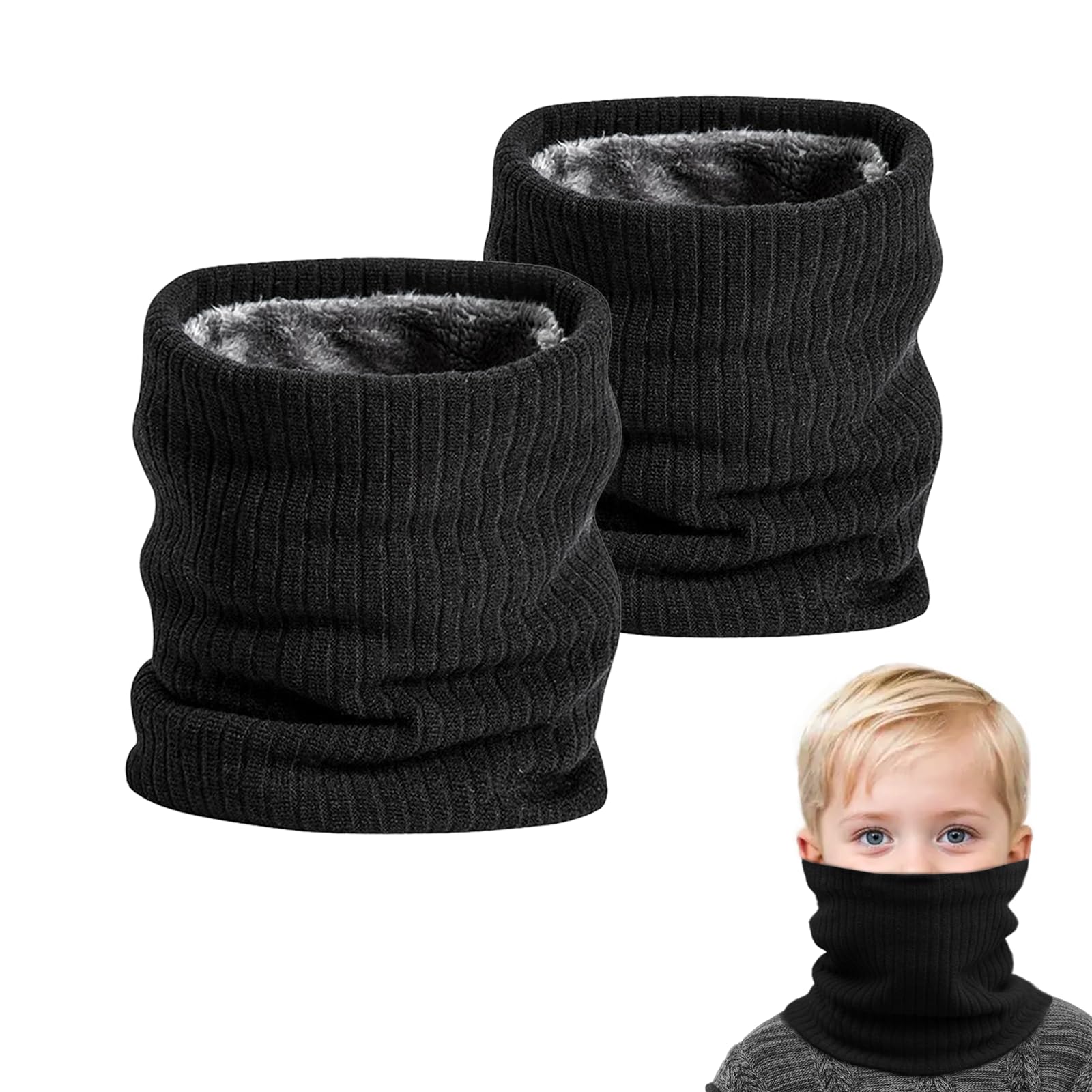 SEFIRST 2 Pcs Winter Neck Warmer Fleece Snoods, Scarf Thicken Windproof and Dust Skiing Knitted for kids Boys Girls, Thermal Snood Neck Gaiters for Cycling Outdoor Sports Skiing (Black) ﻿