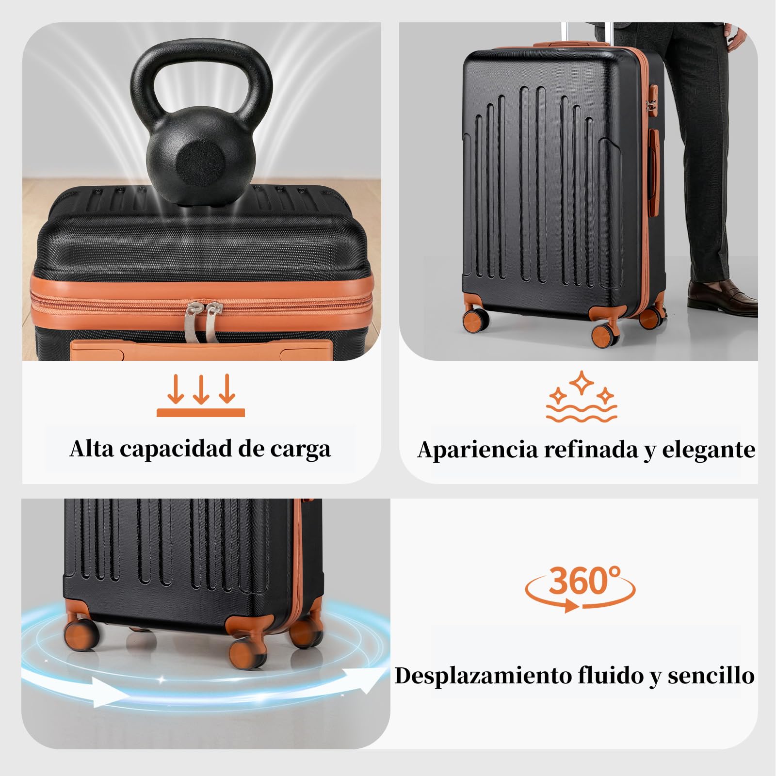 LEADZM Juego de Maletas de 4 Piezas con Neceser (Negro-Marrón) | Maletas de Viaje Grandes 23 Kilos, Maleta Cabina, Mediana, Maleta de Viaje